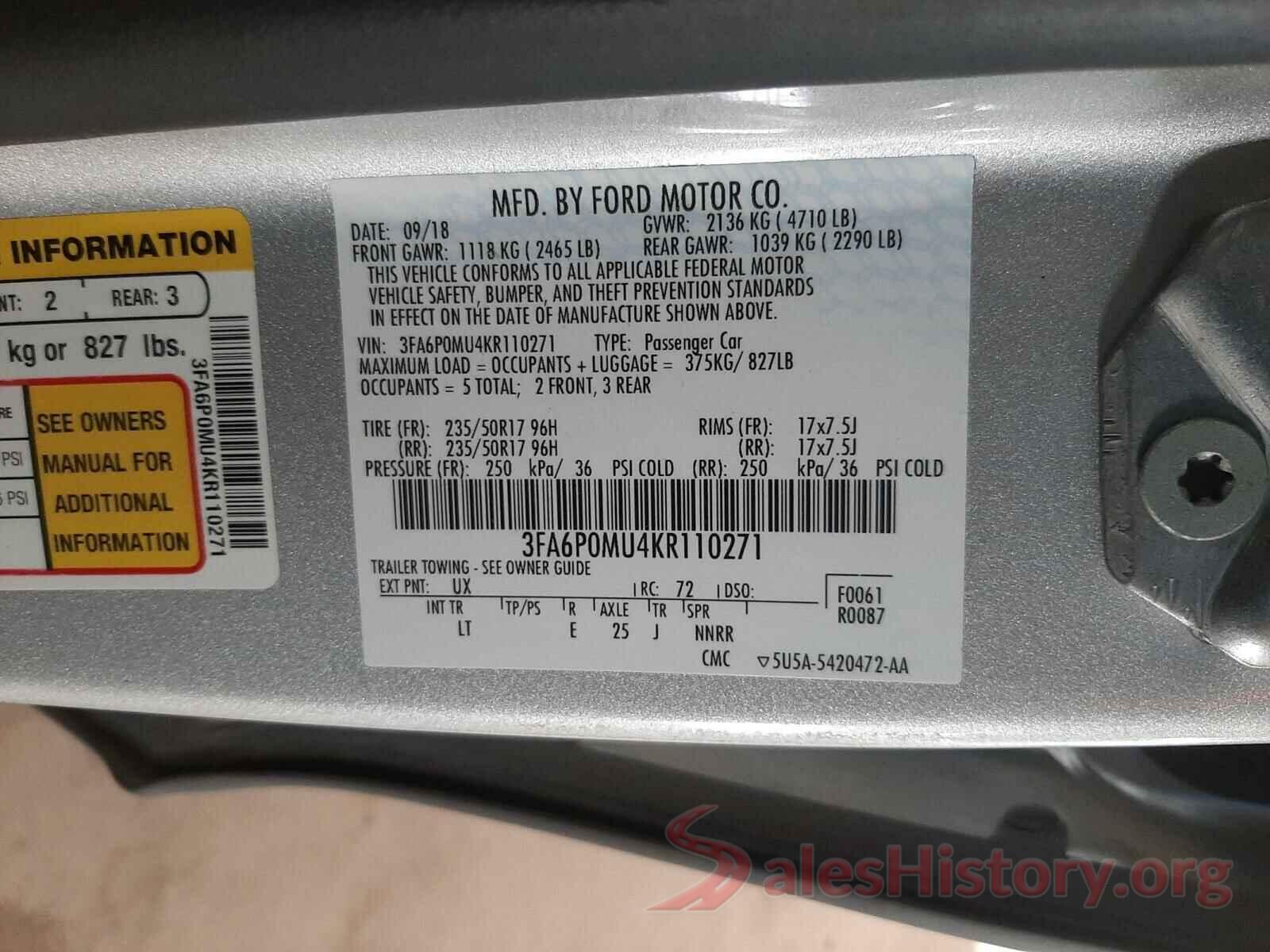 3FA6P0MU4KR110271 2019 FORD FUSION