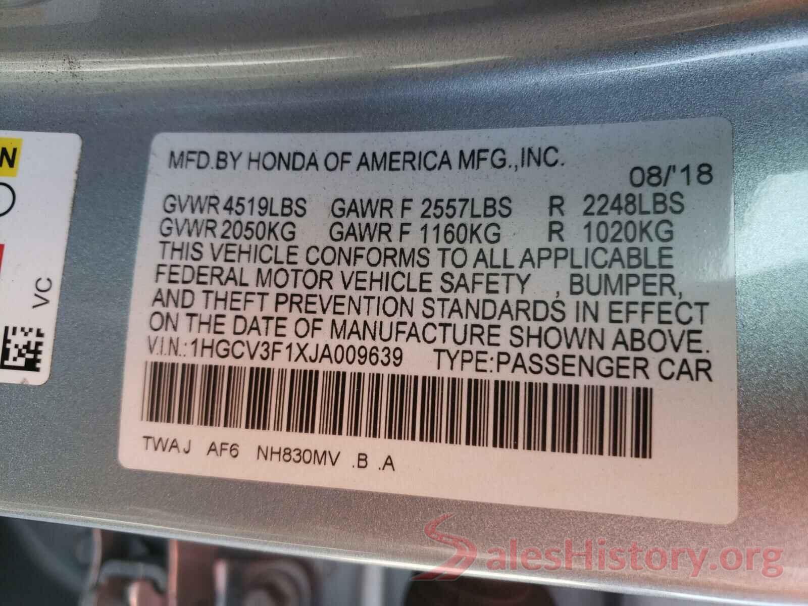 1HGCV3F1XJA009639 2018 HONDA ACCORD