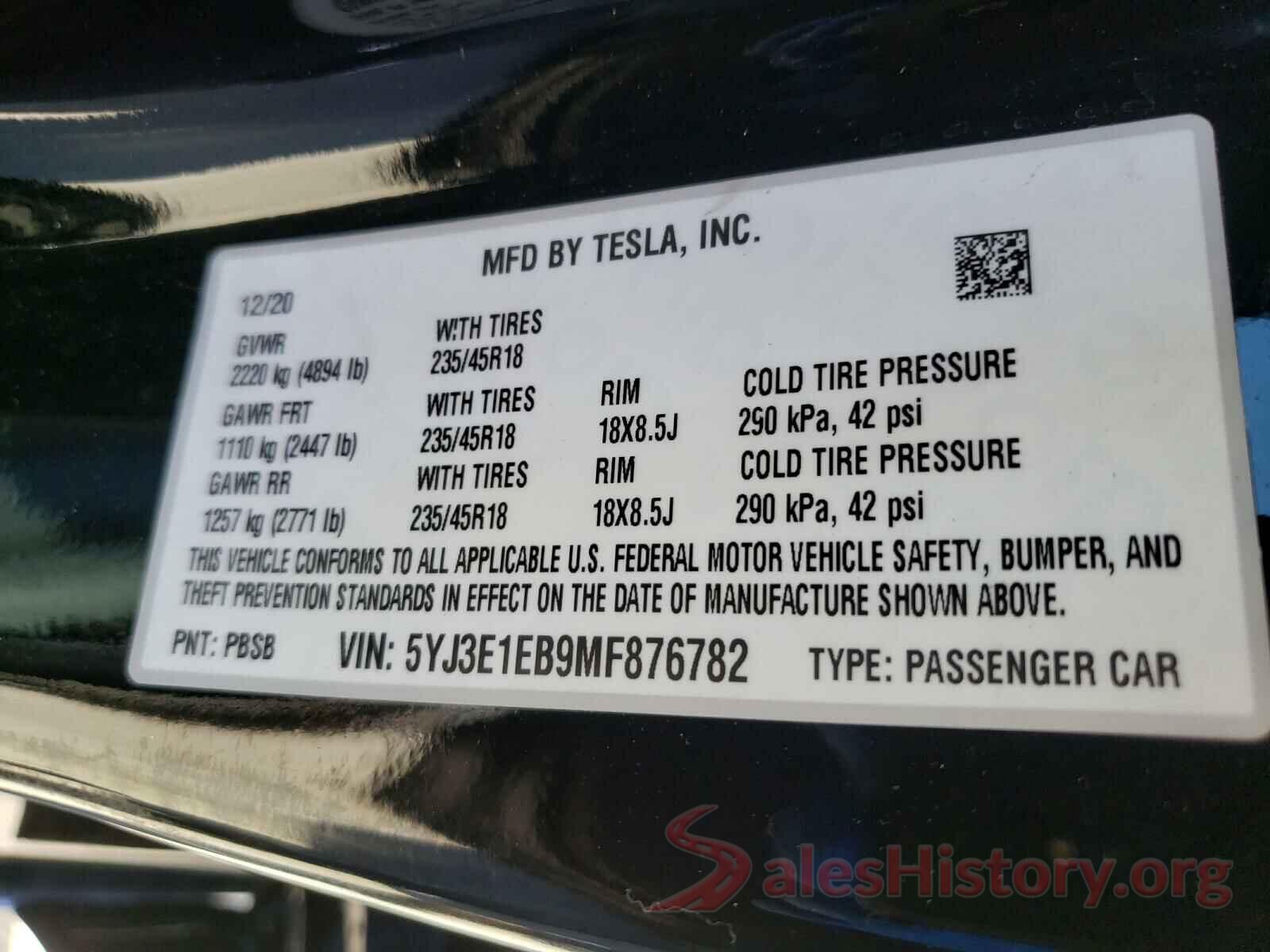 5YJ3E1EB9MF876782 2021 TESLA MODEL 3