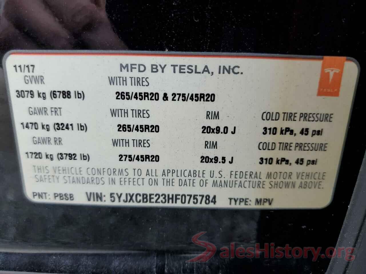 5YJXCBE23HF075784 2017 TESLA MODEL X