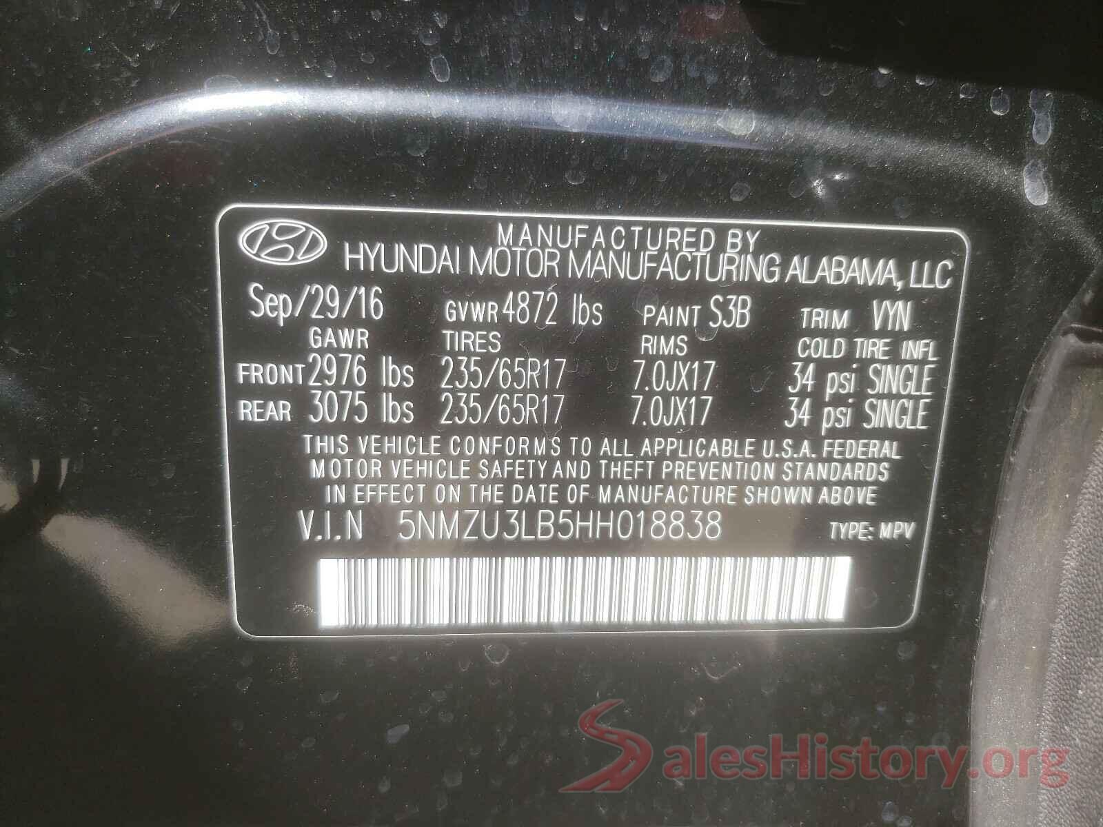 5NMZU3LB5HH018838 2017 HYUNDAI SANTA FE