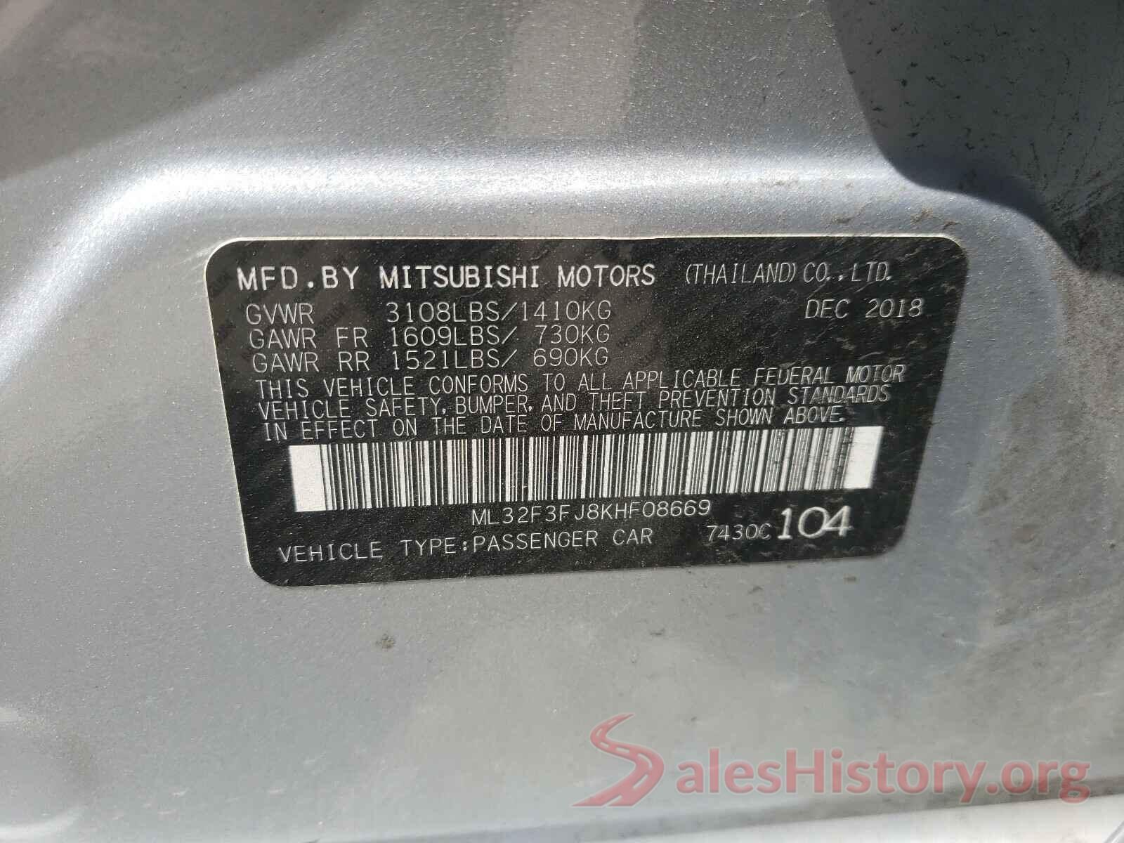 ML32F3FJ8KHF08669 2019 MITSUBISHI MIRAGE