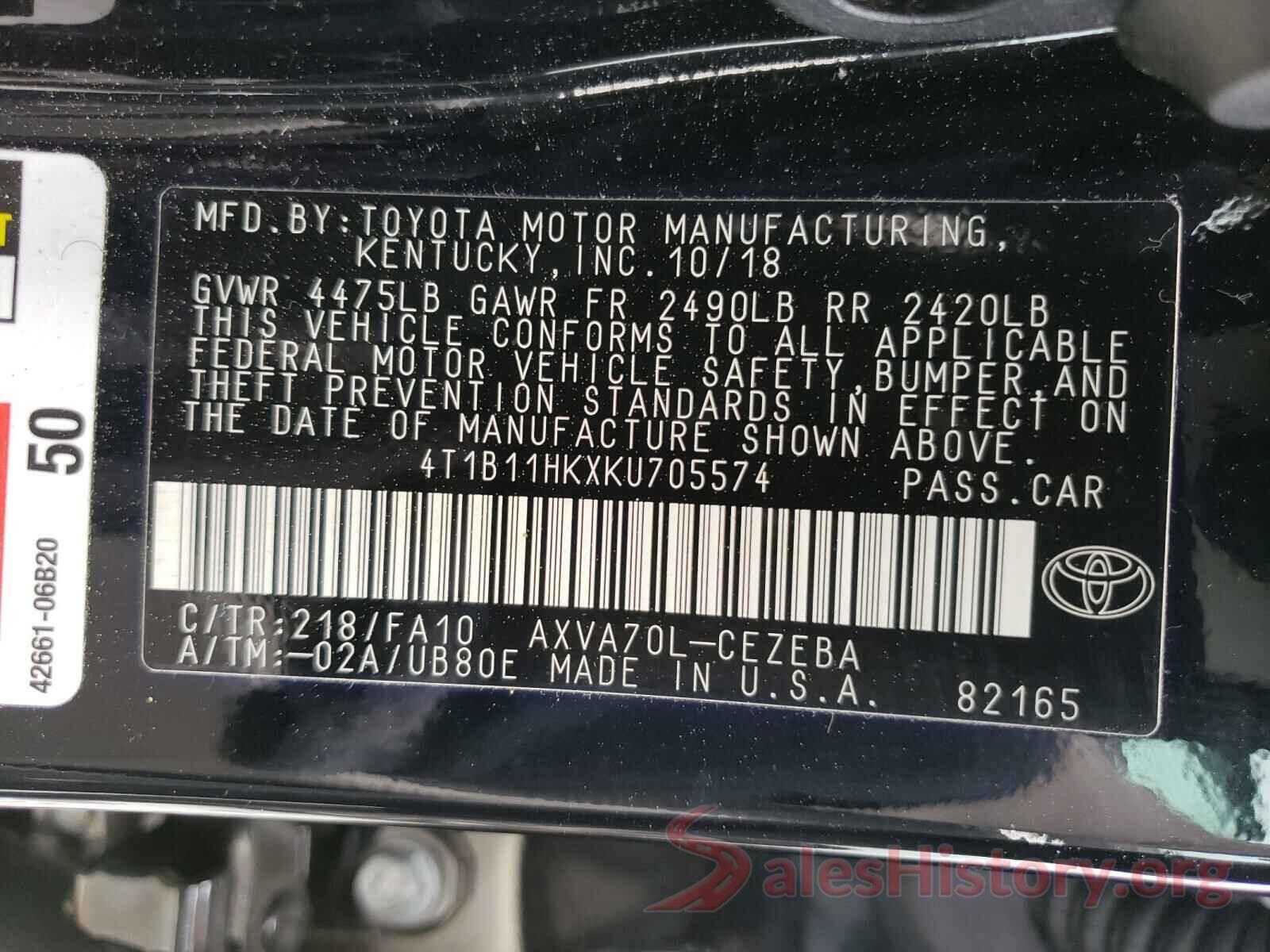 4T1B11HKXKU705574 2019 TOYOTA CAMRY