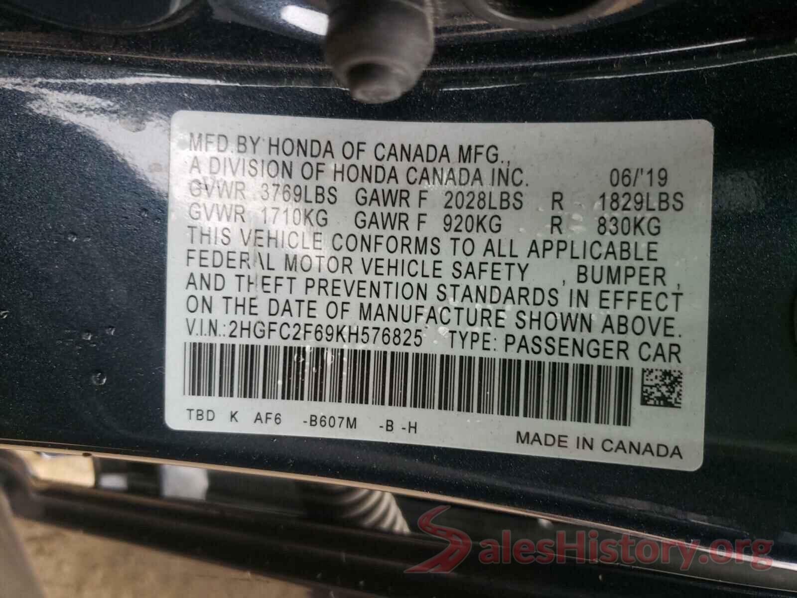 2HGFC2F69KH576825 2019 HONDA CIVIC