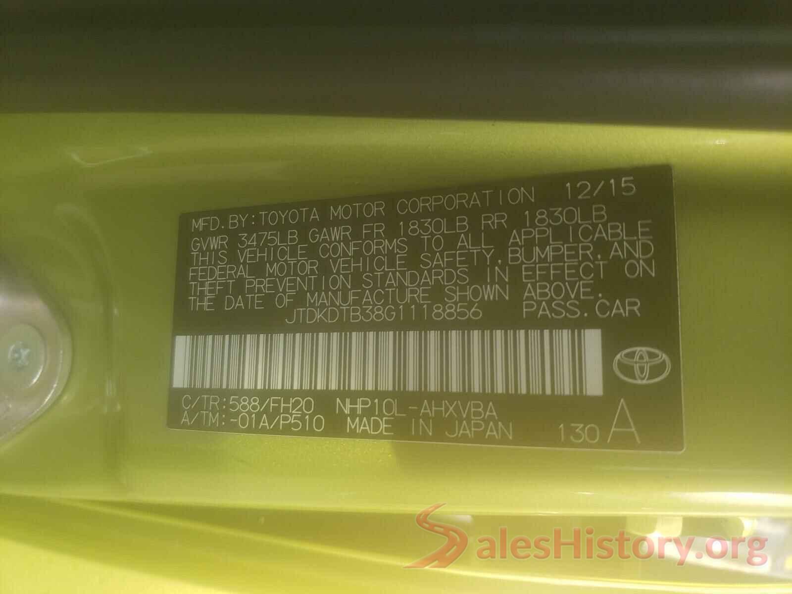 JTDKDTB38G1118856 2016 TOYOTA PRIUS