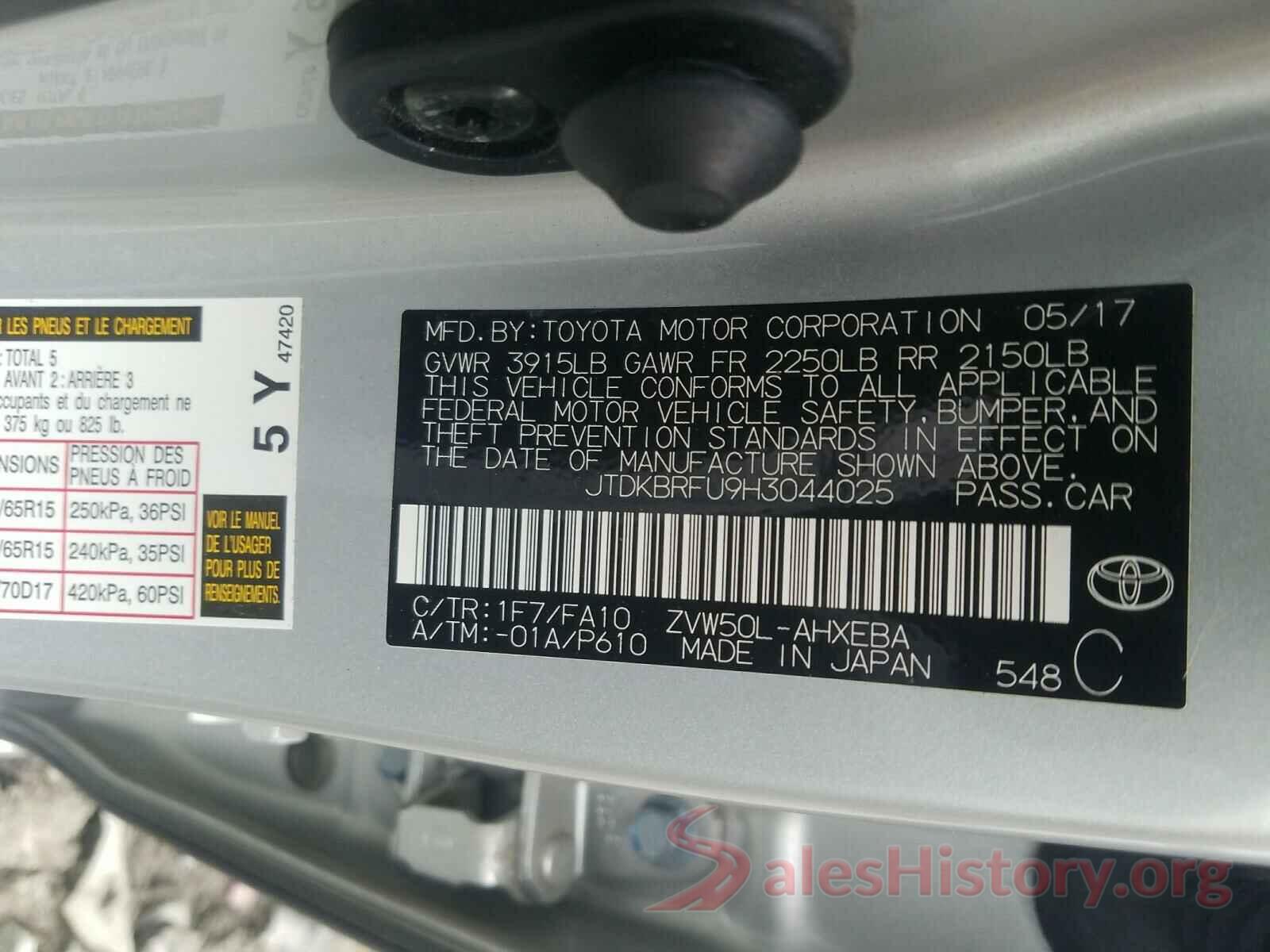 JTDKBRFU9H3044025 2017 TOYOTA PRIUS