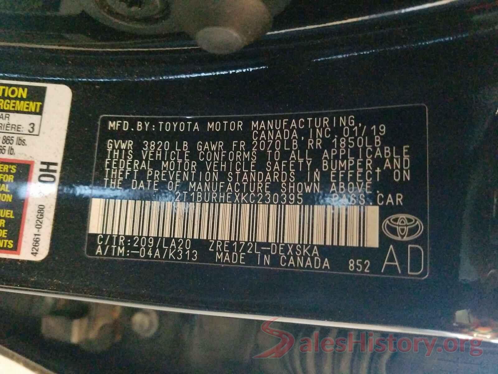 2T1BURHEXKC230395 2019 TOYOTA COROLLA