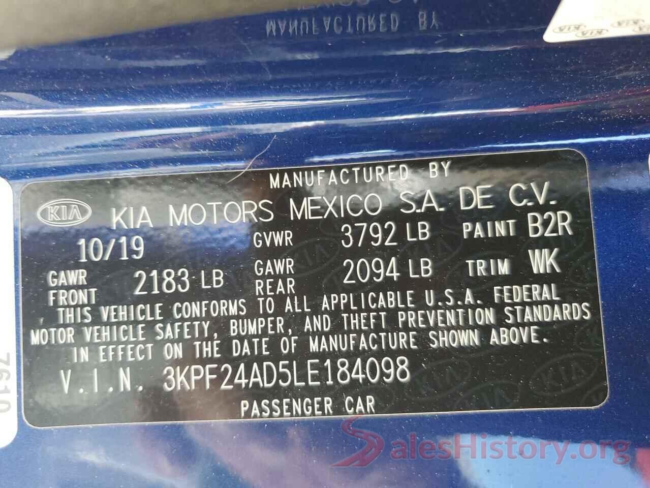 3KPF24AD5LE184098 2020 KIA FORTE