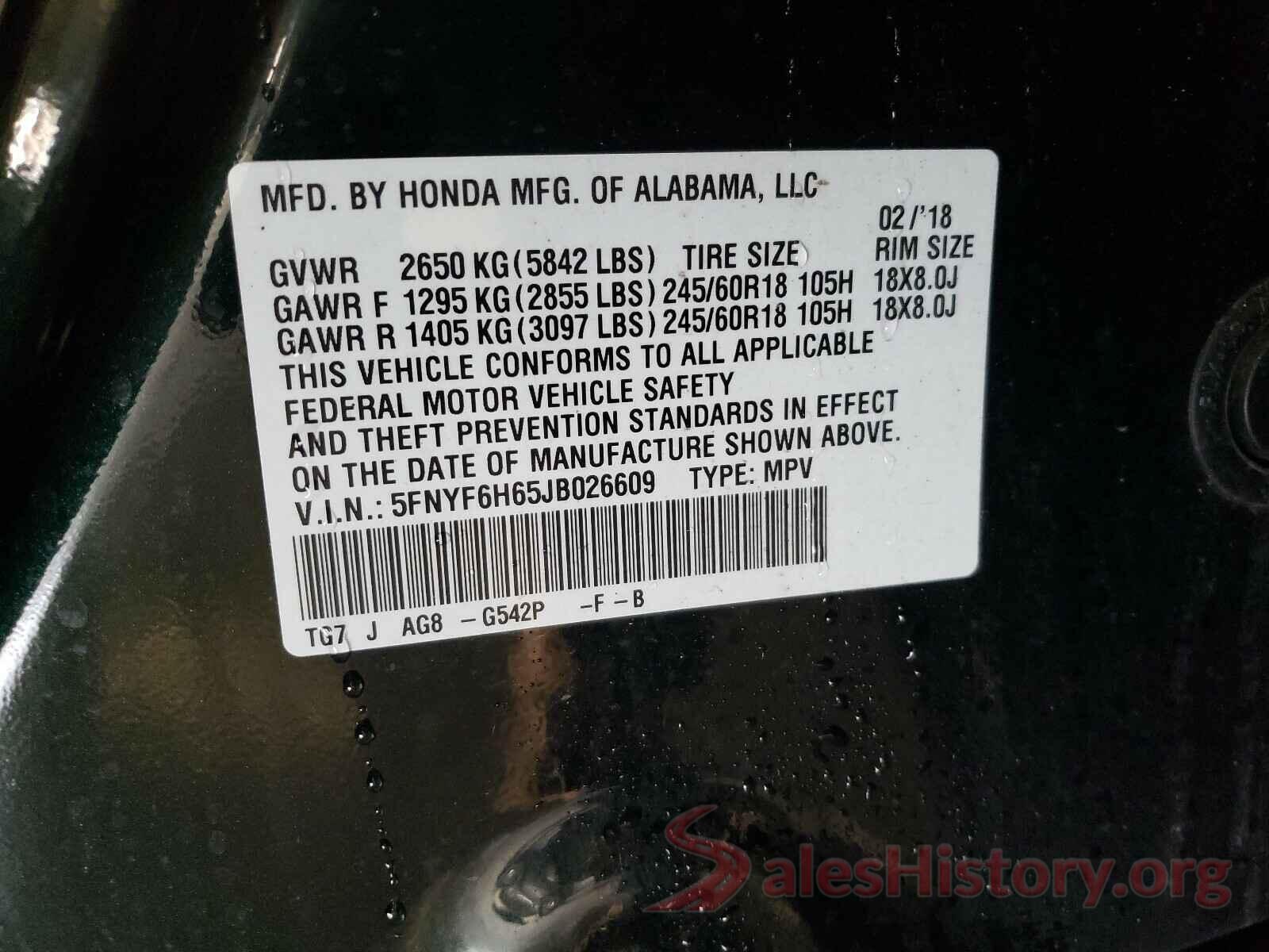 5FNYF6H65JB026609 2018 HONDA PILOT