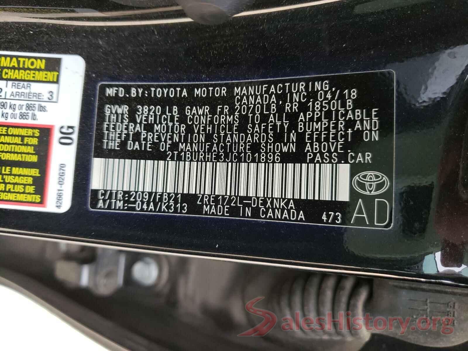 2T1BURHE3JC101896 2018 TOYOTA COROLLA