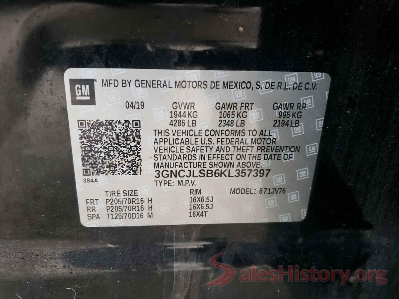 3GNCJLSB6KL357397 2019 CHEVROLET TRAX