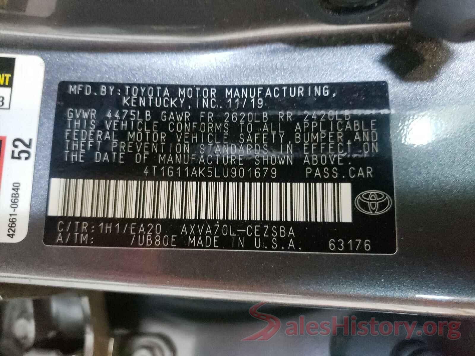 4T1G11AK5LU901679 2020 TOYOTA CAMRY