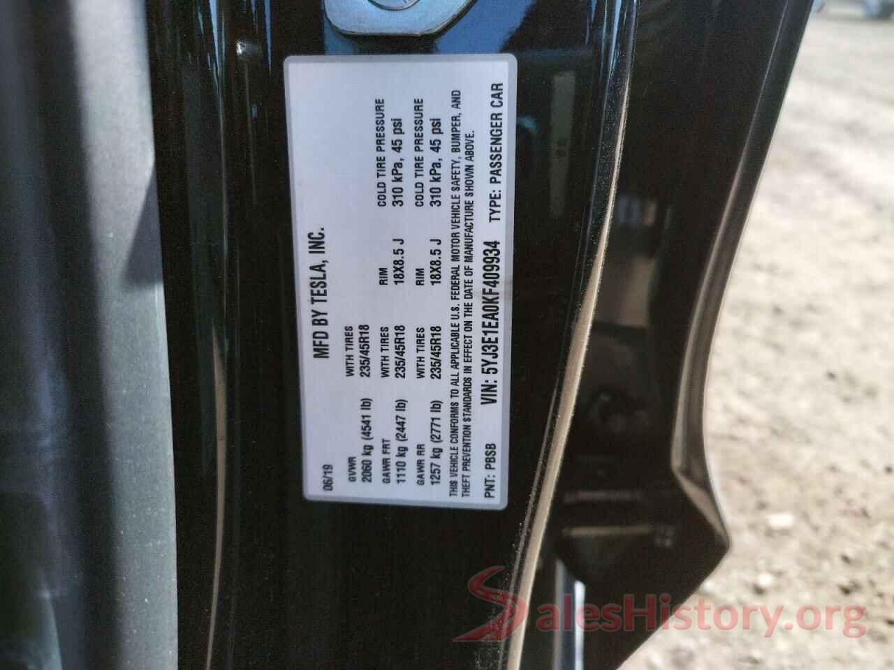 5YJ3E1EA0KF409934 2019 TESLA MODEL 3