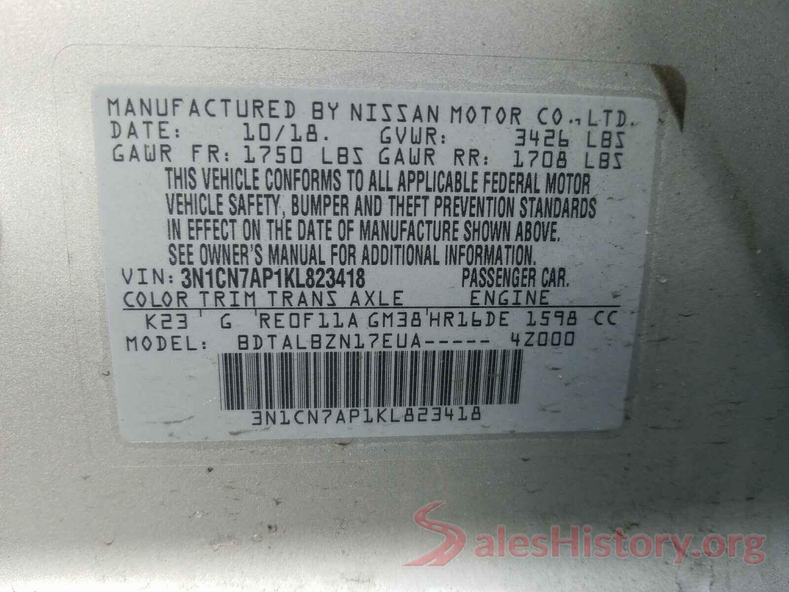 3N1CN7AP1KL823418 2019 NISSAN VERSA