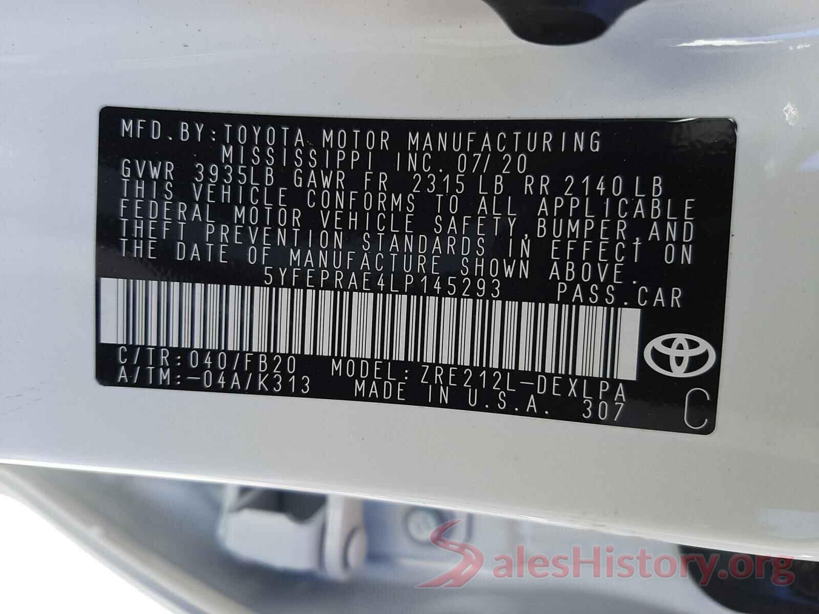 5YFEPRAE4LP145293 2020 TOYOTA COROLLA