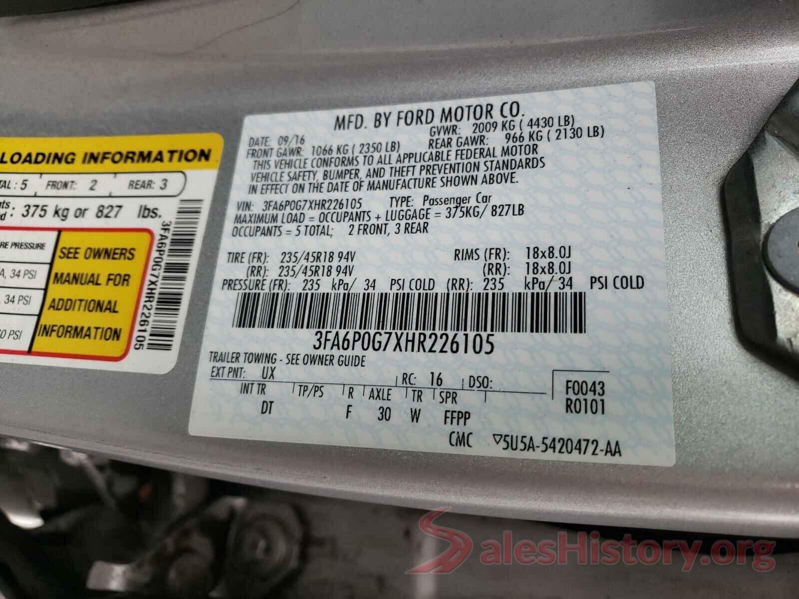 3FA6P0G7XHR226105 2017 FORD FUSION