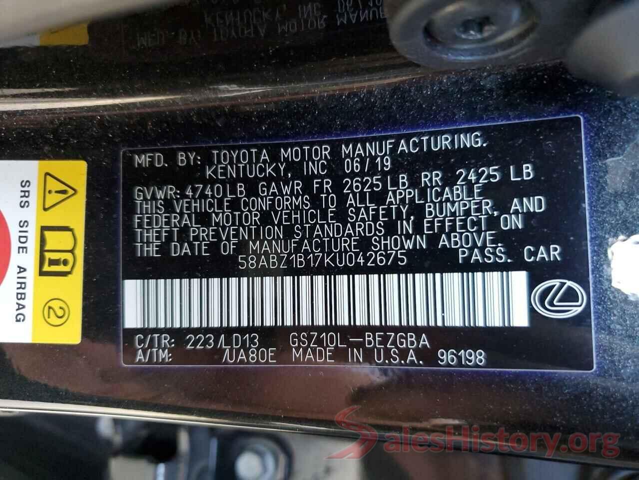 58ABZ1B17KU042675 2019 LEXUS ES350