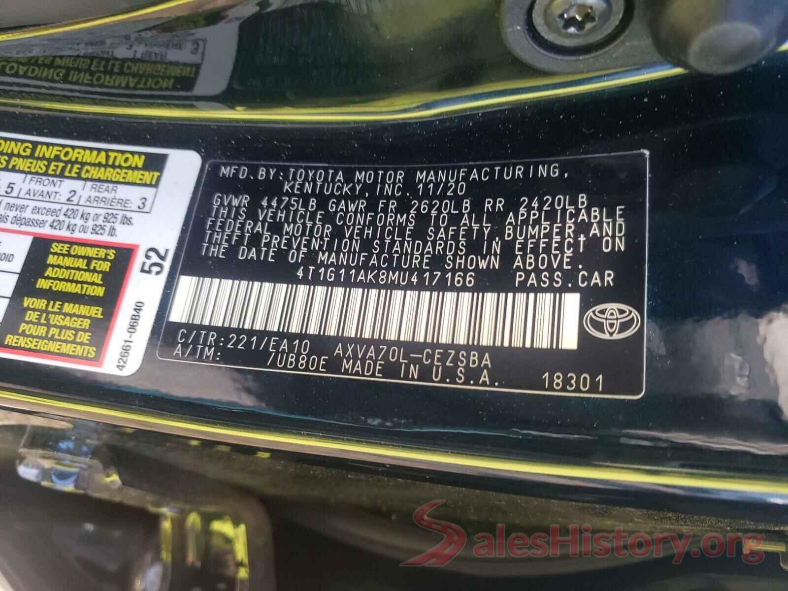 4T1G11AK8MU417166 2021 TOYOTA CAMRY