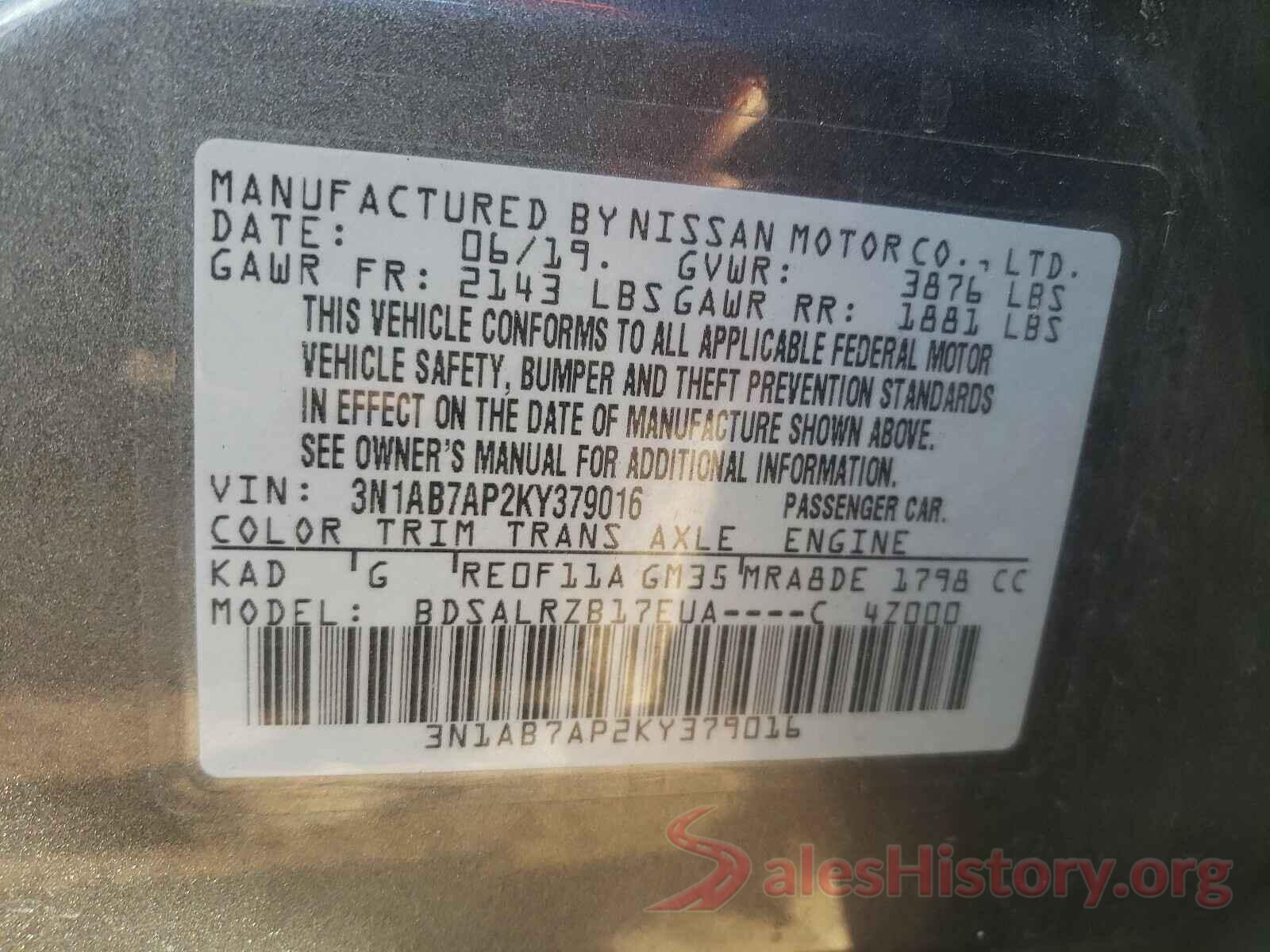 3N1AB7AP2KY379016 2019 NISSAN SENTRA