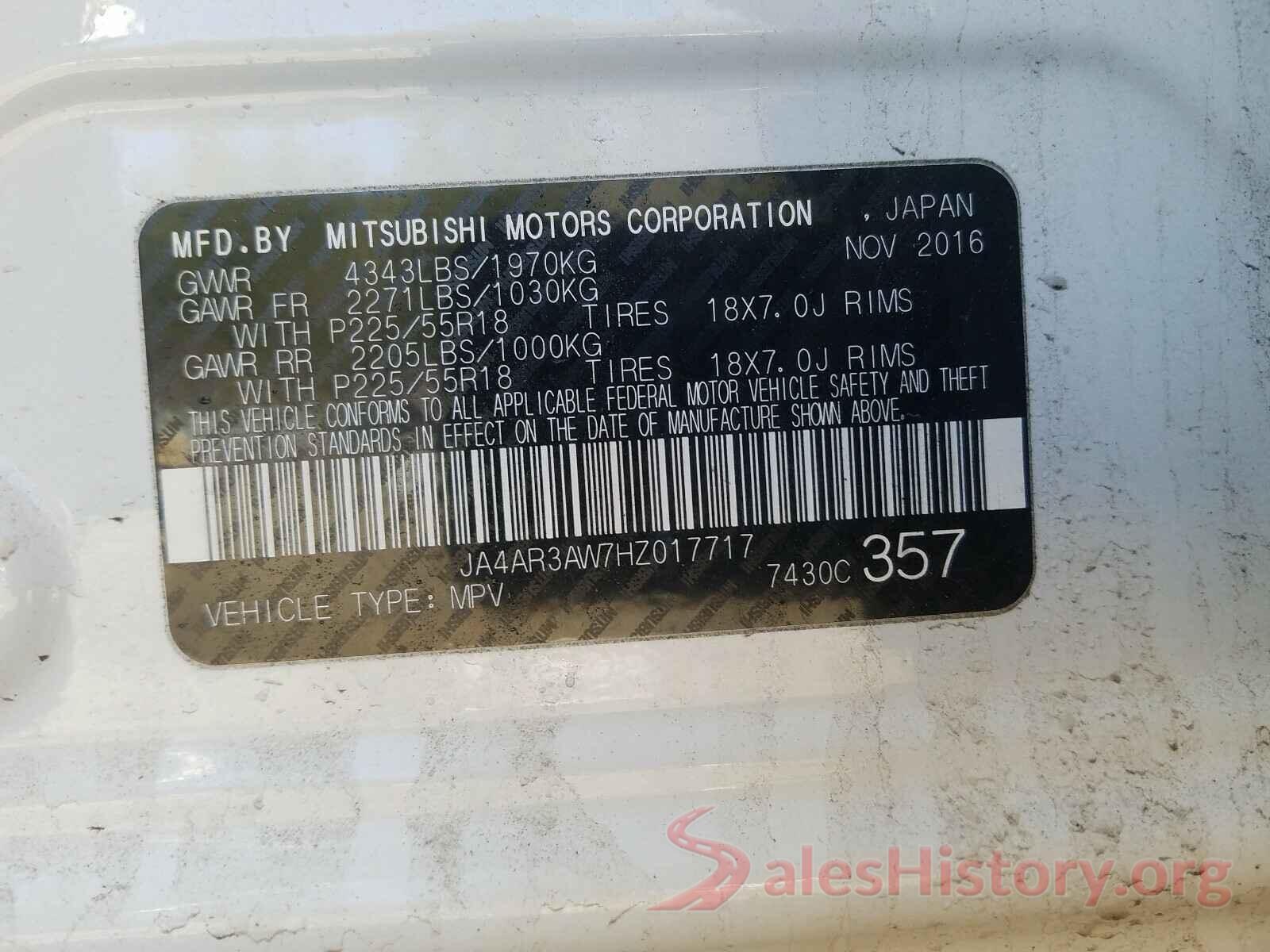 JA4AR3AW7HZ017717 2017 MITSUBISHI OUTLANDER