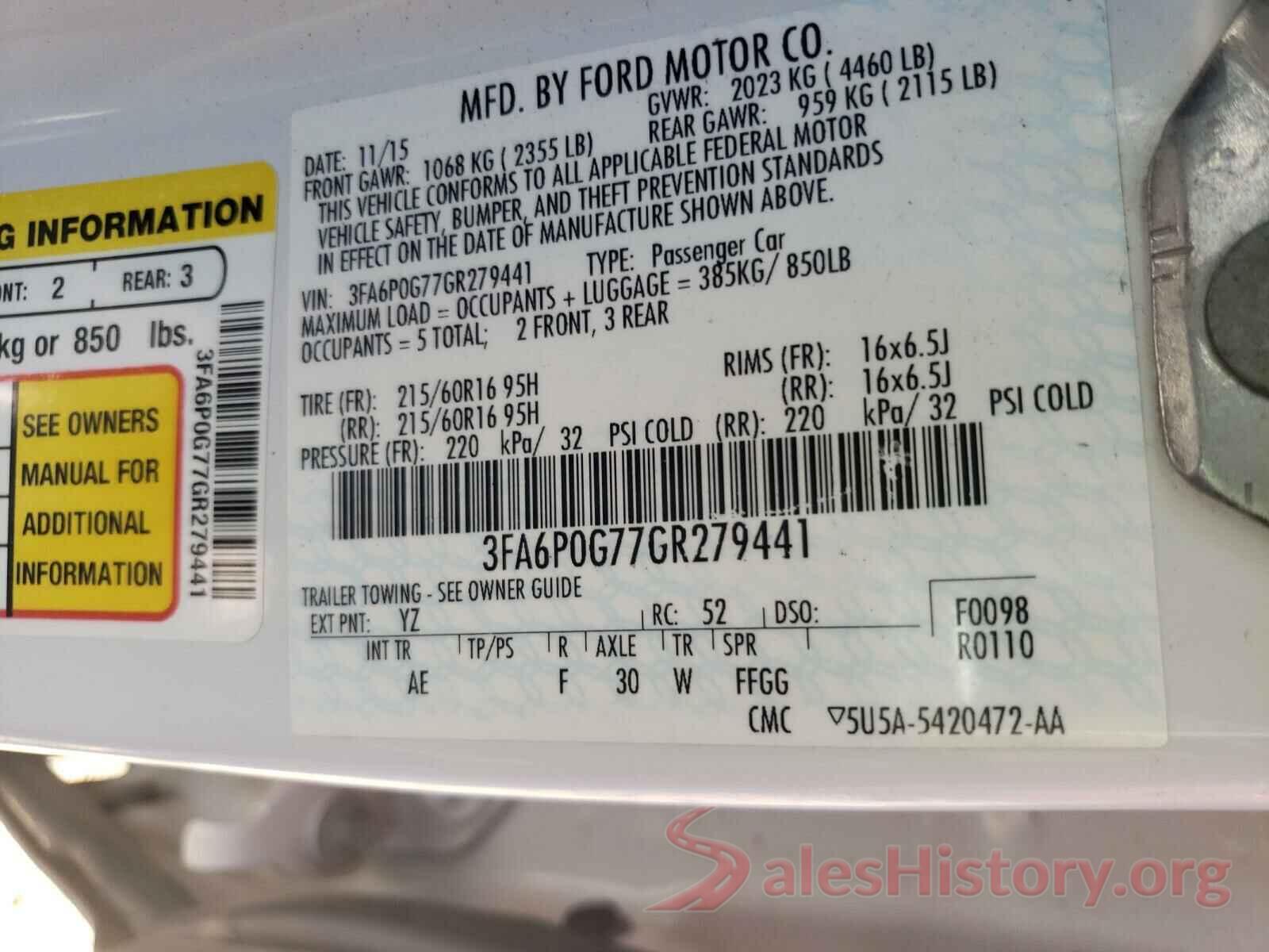 3FA6P0G77GR279441 2016 FORD FUSION