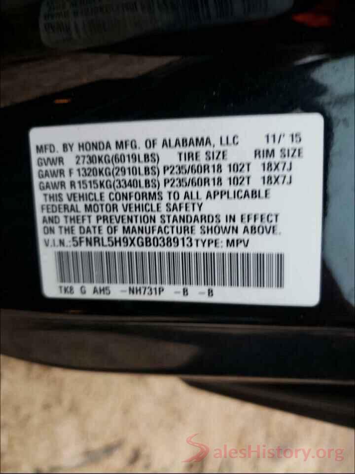 5FNRL5H9XGB038913 2016 HONDA ODYSSEY