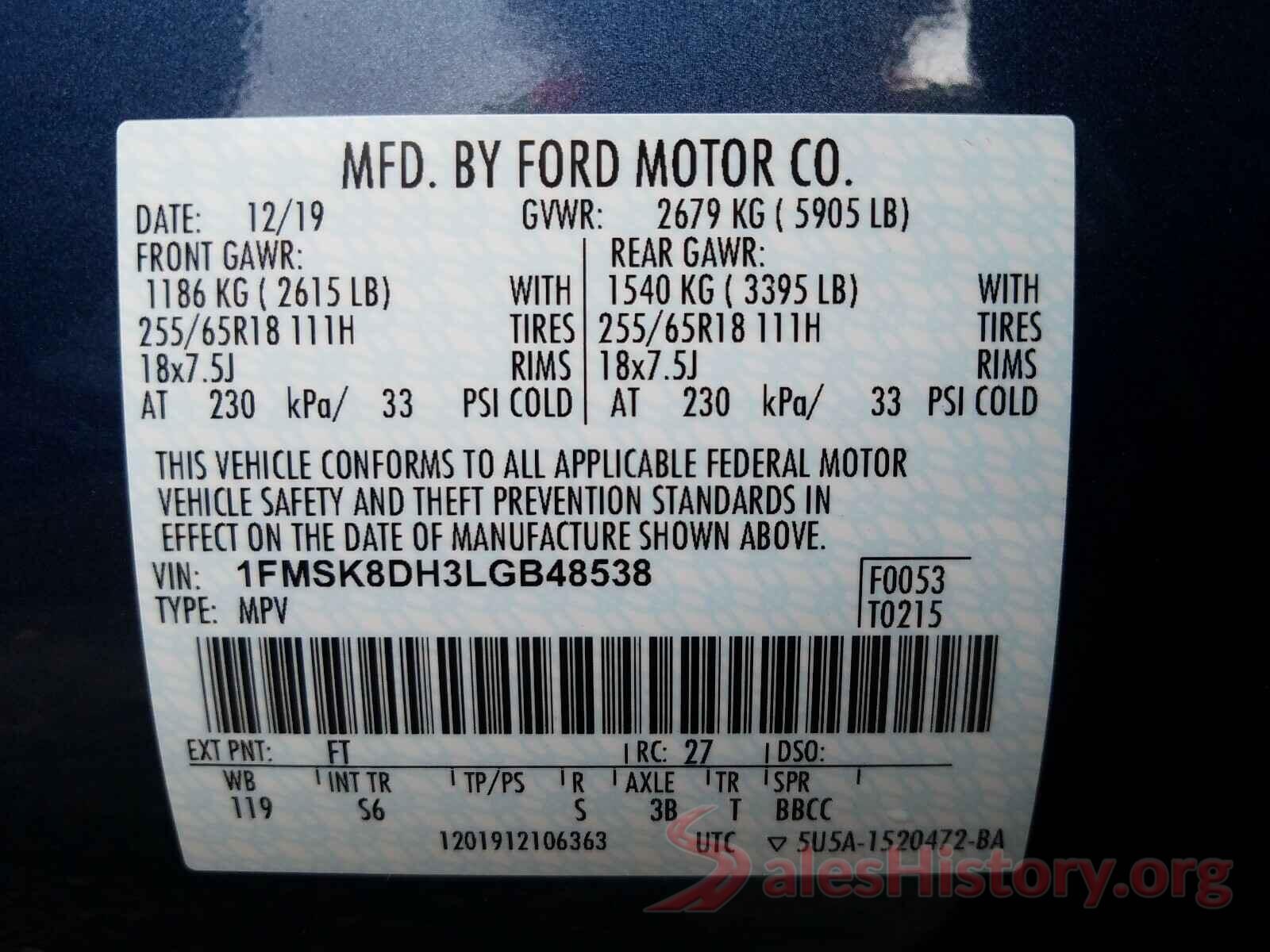 1FMSK8DH3LGB48538 2020 FORD EXPLORER