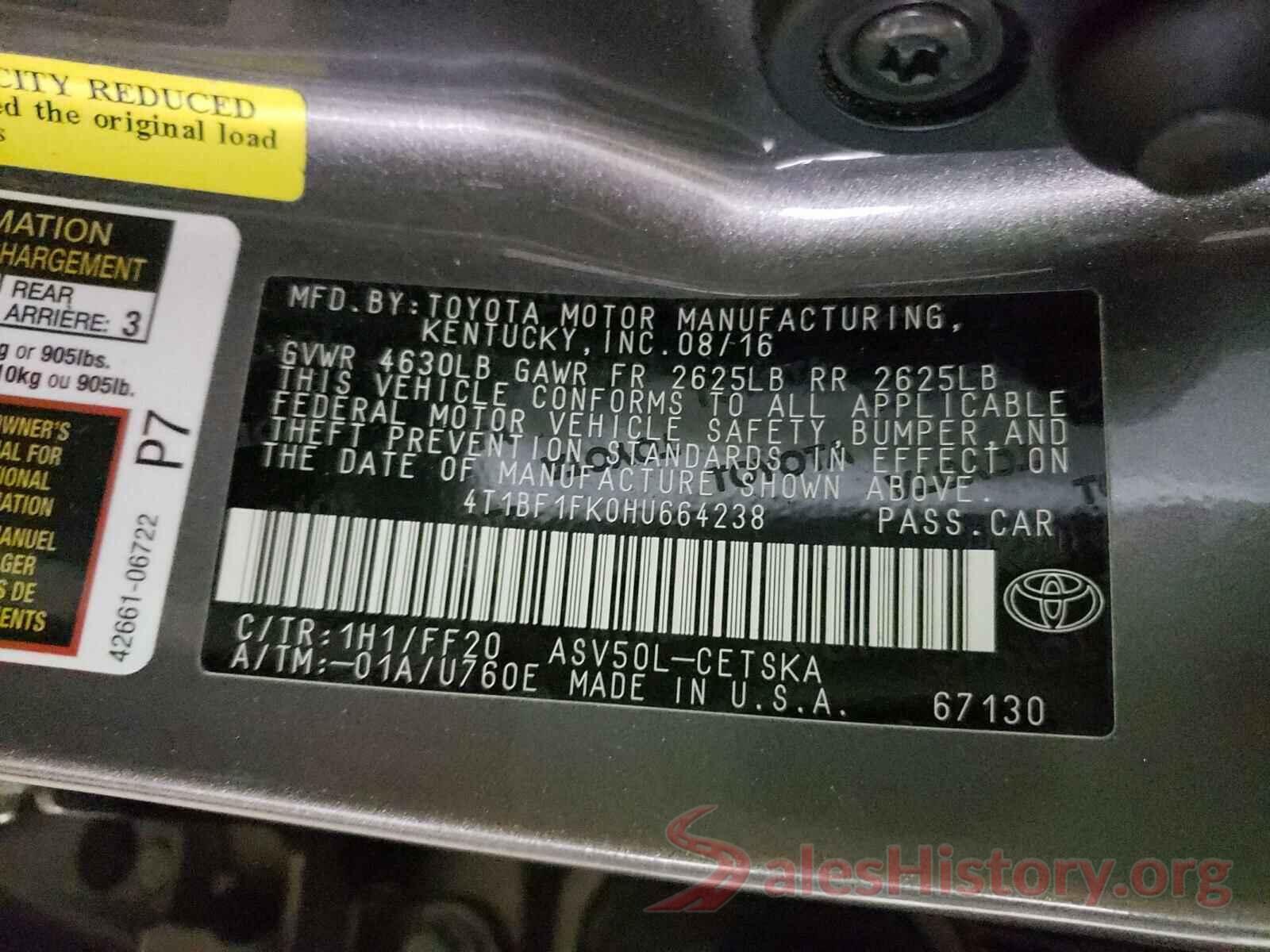 4T1BF1FK0HU664238 2017 TOYOTA CAMRY