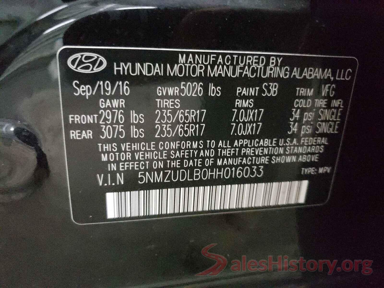 5NMZUDLB0HH016033 2017 HYUNDAI SANTA FE