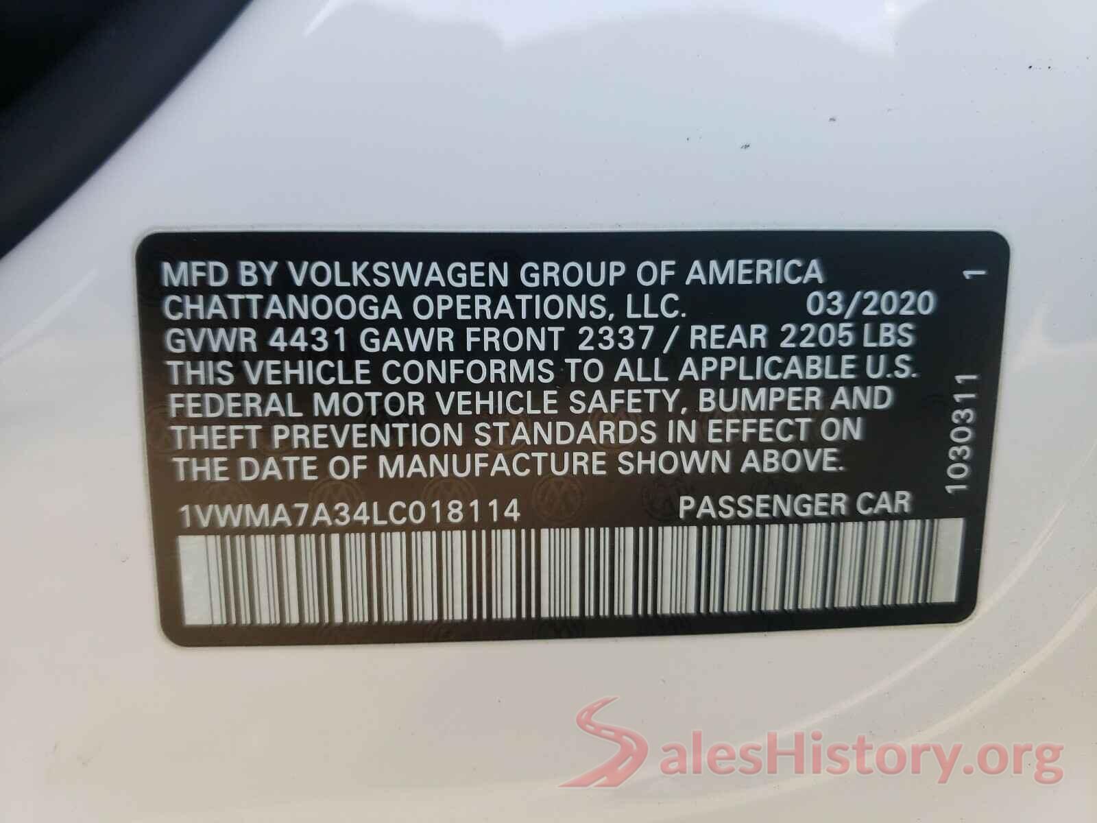 1VWMA7A34LC018114 2020 VOLKSWAGEN PASSAT