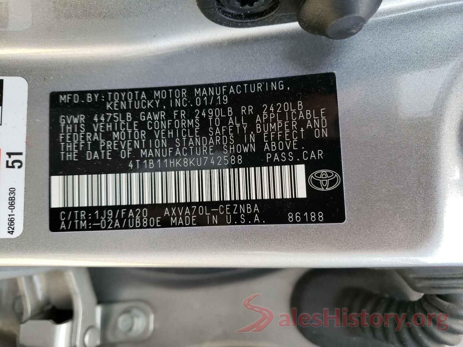 4T1B11HK8KU742588 2019 TOYOTA CAMRY