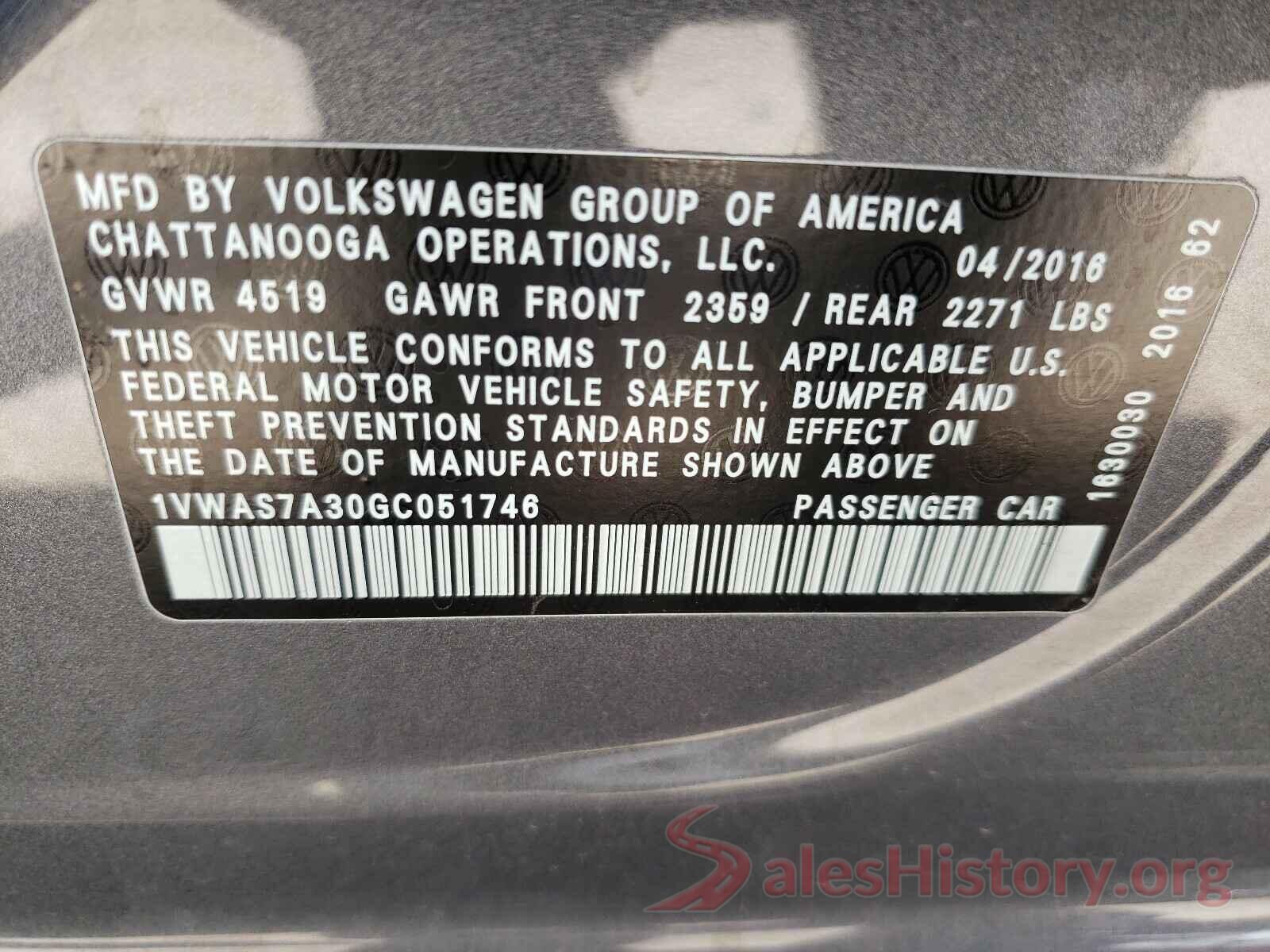 1VWAS7A30GC051746 2016 VOLKSWAGEN PASSAT