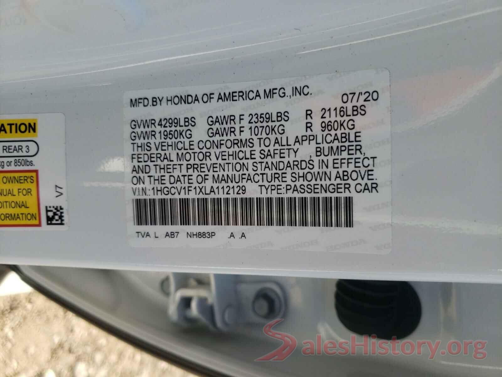 1HGCV1F1XLA112129 2020 HONDA ACCORD