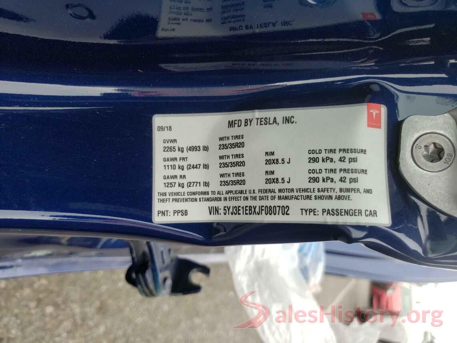 5YJ3E1EBXJF080702 2018 TESLA MODEL 3