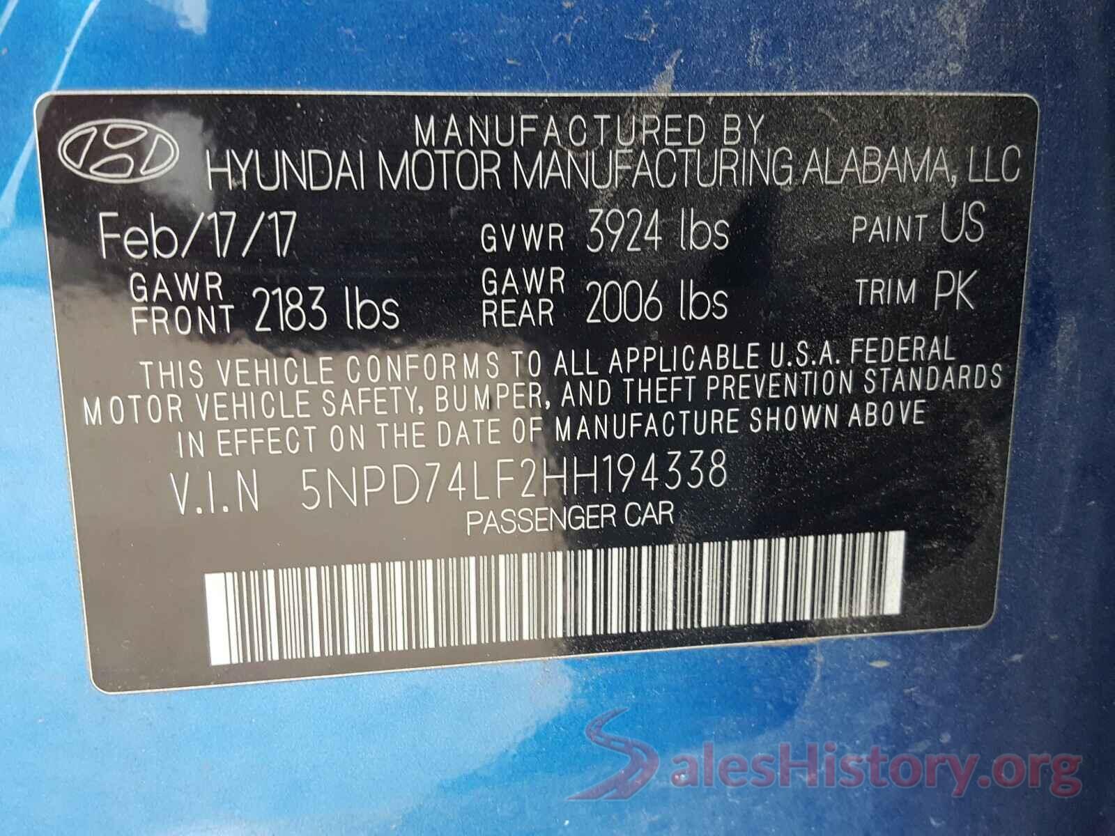 5NPD74LF2HH194338 2017 HYUNDAI ELANTRA