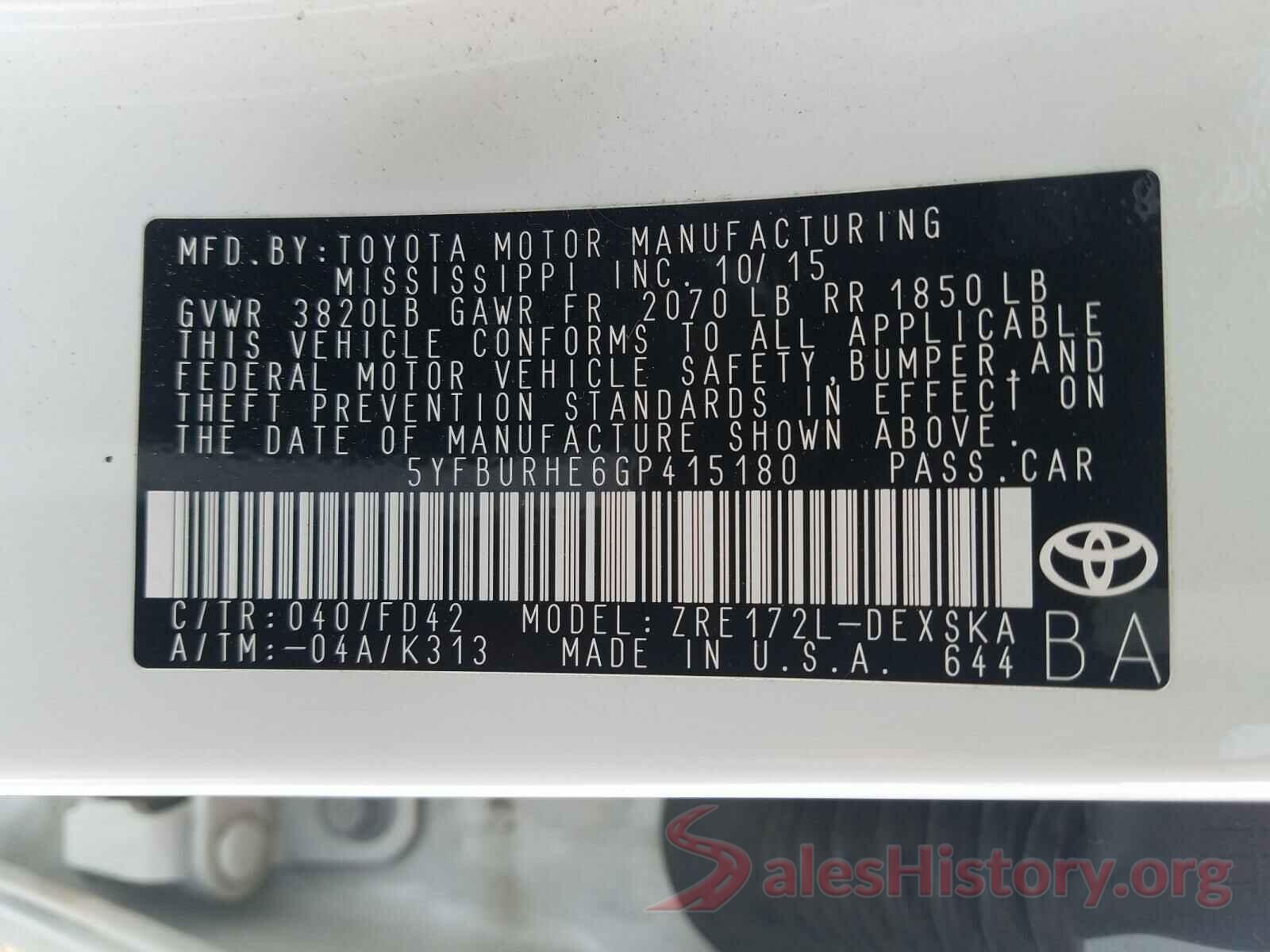 5YFBURHE6GP415180 2016 TOYOTA COROLLA