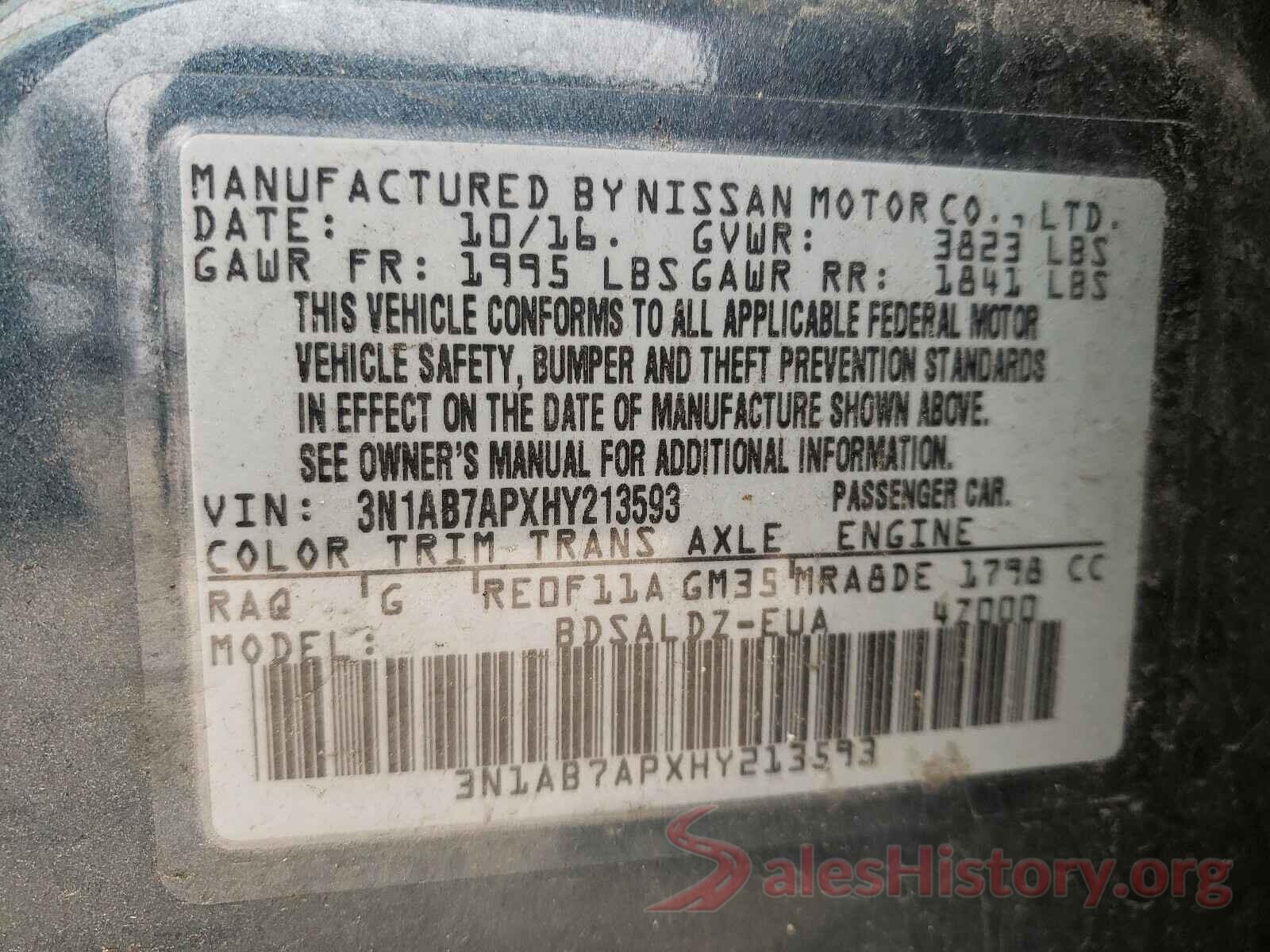 3N1AB7APXHY213593 2017 NISSAN SENTRA