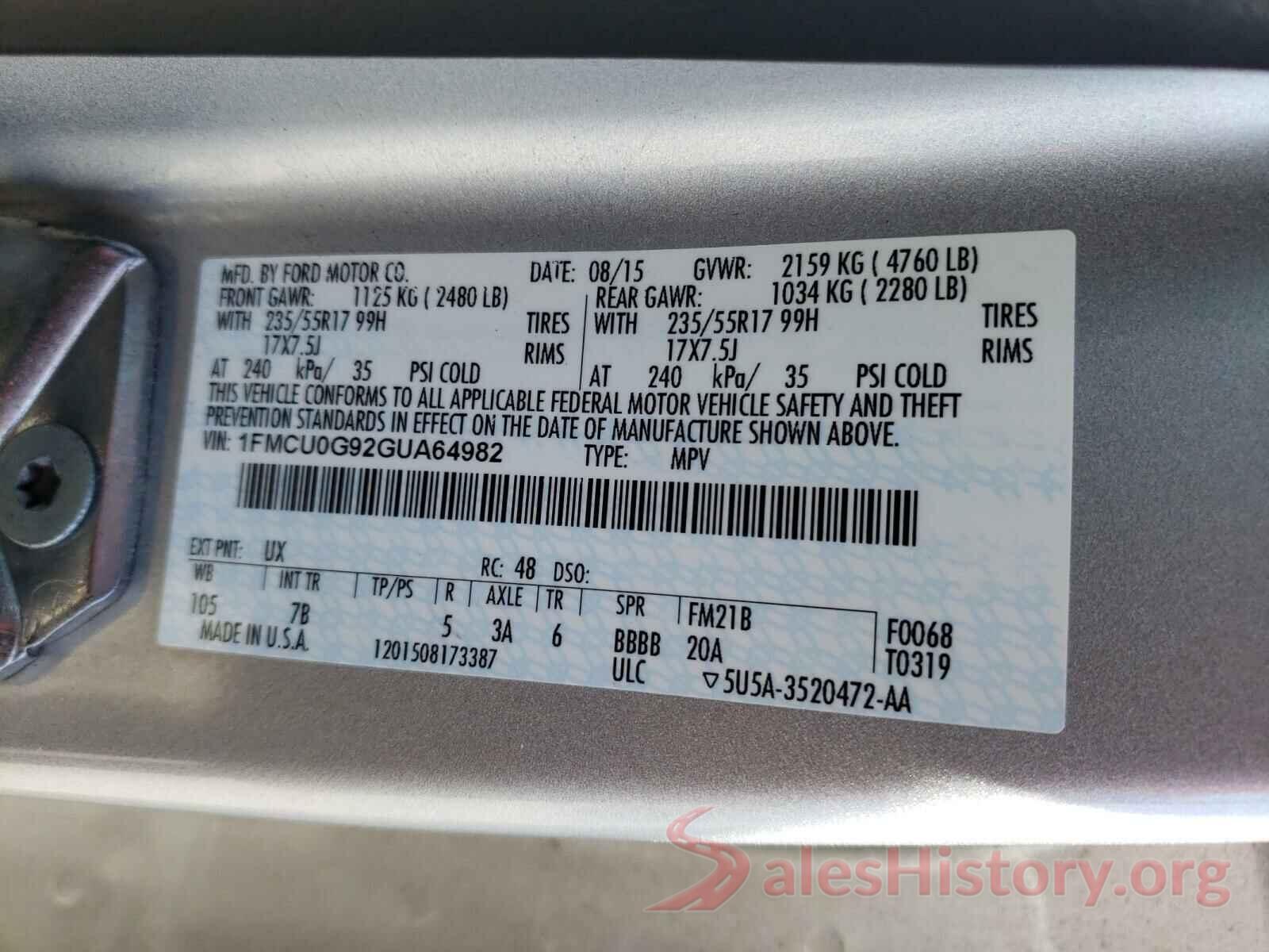 1FMCU0G92GUA64982 2016 FORD ESCAPE