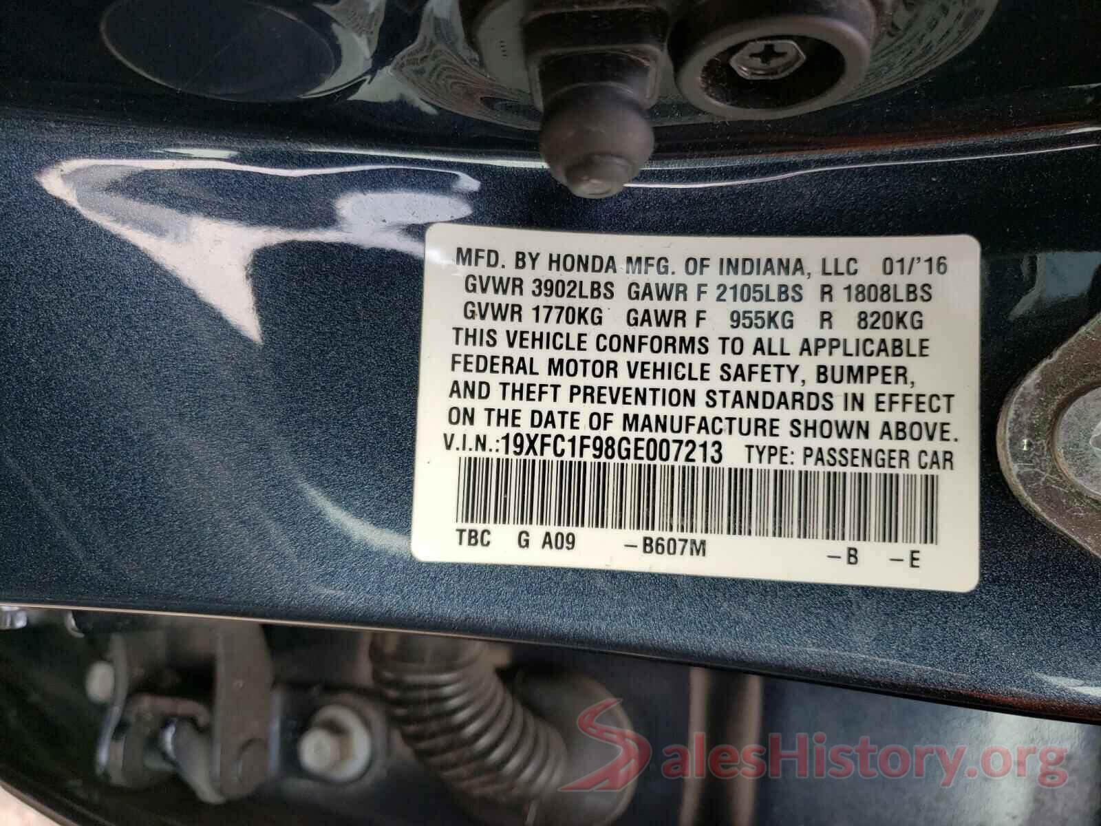 19XFC1F98GE007213 2016 HONDA CIVIC