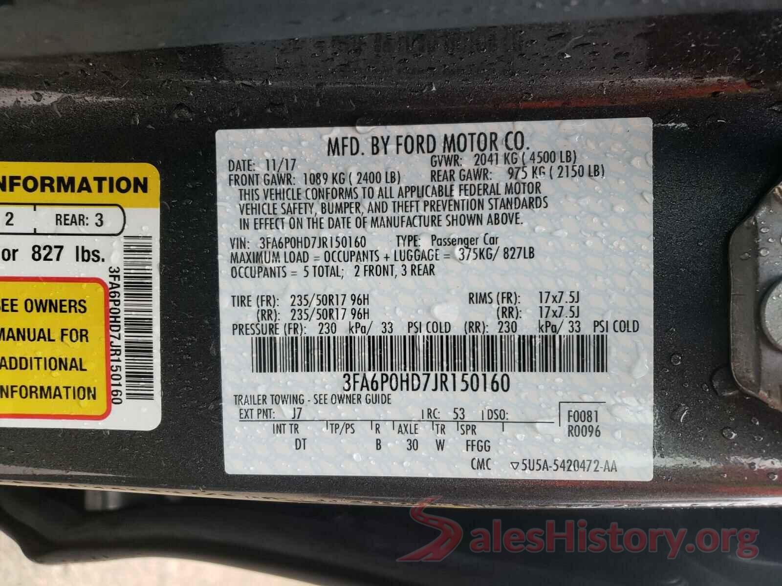 3FA6P0HD7JR150160 2018 FORD FUSION