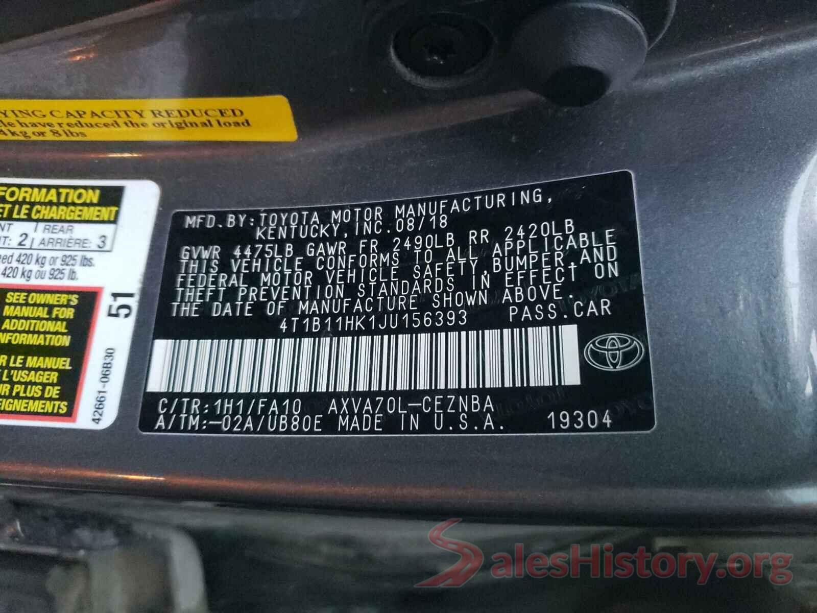 4T1B11HK1JU156393 2018 TOYOTA CAMRY