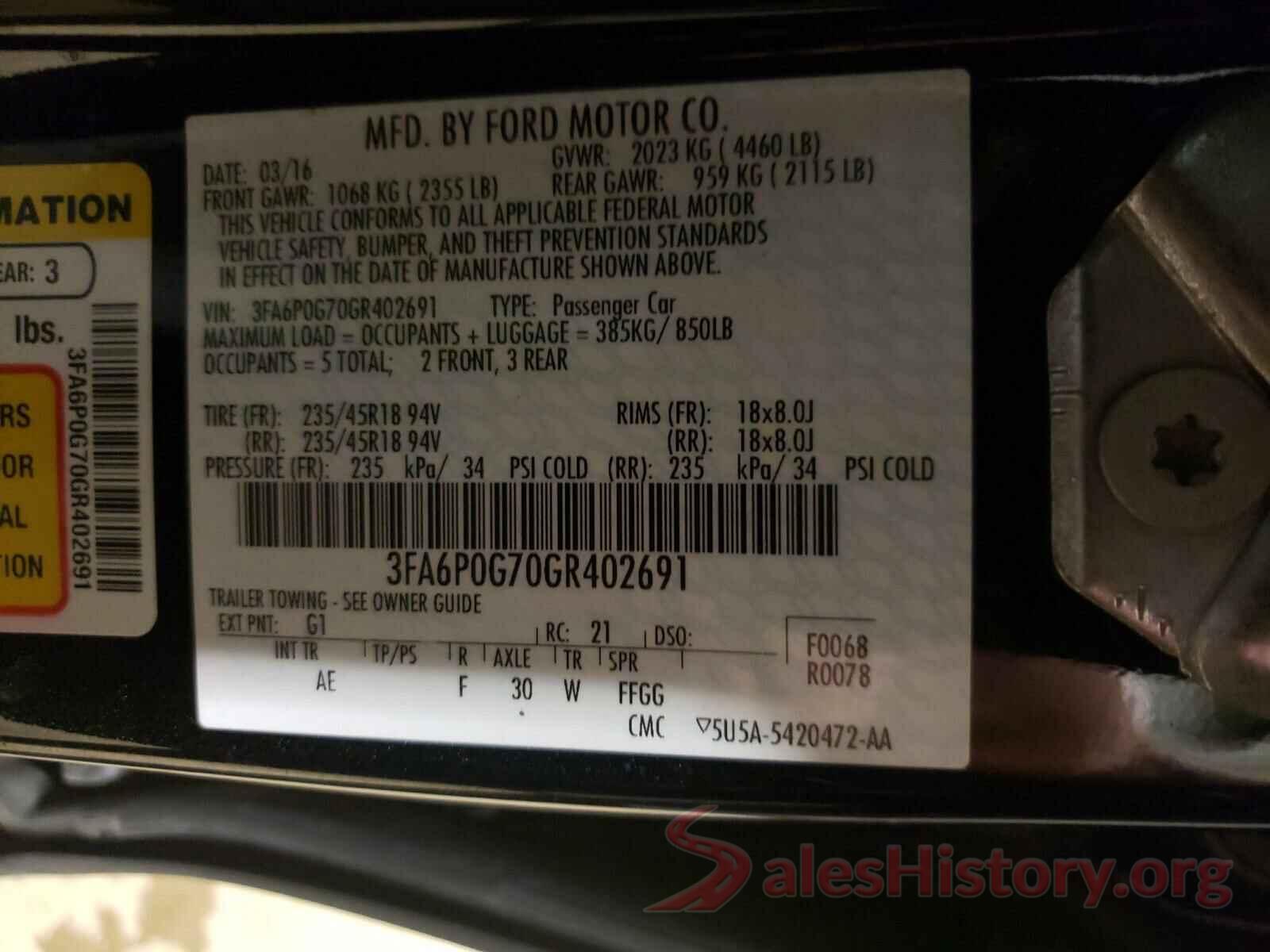 3FA6P0G70GR402691 2016 FORD FUSION