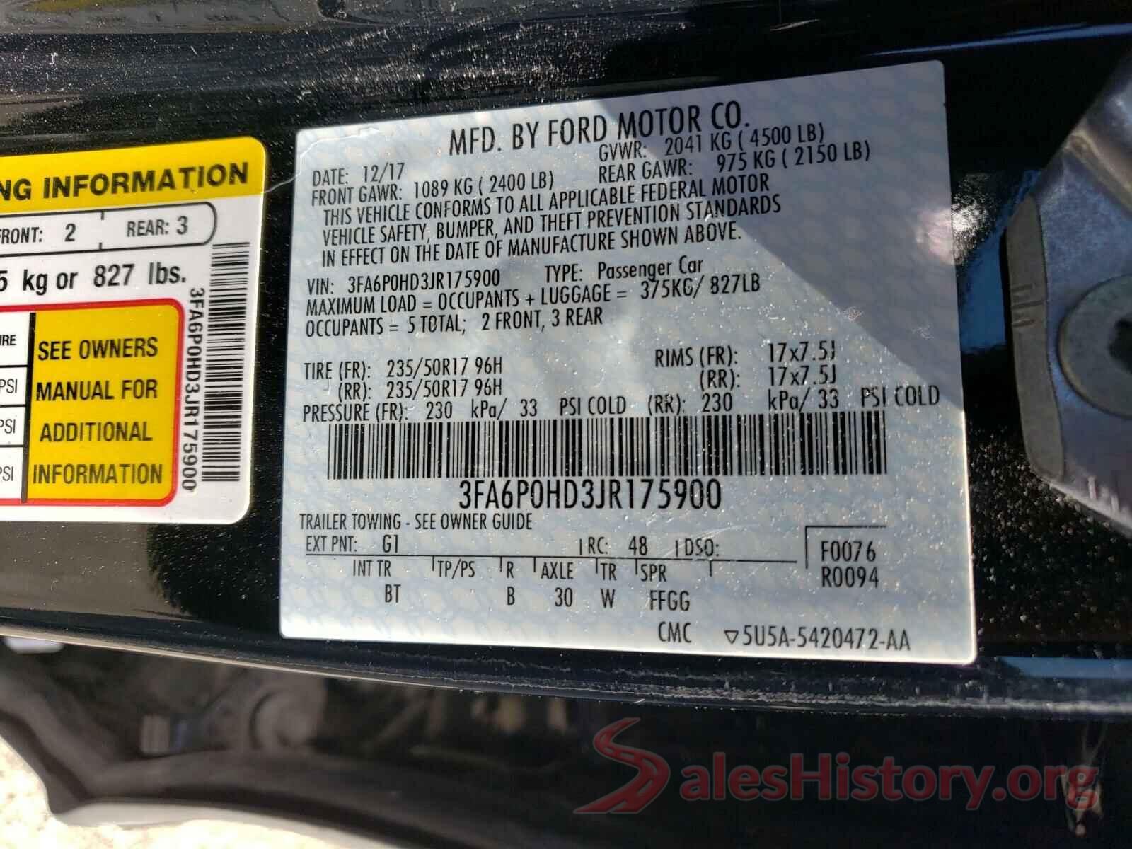 3FA6P0HD3JR175900 2018 FORD FUSION