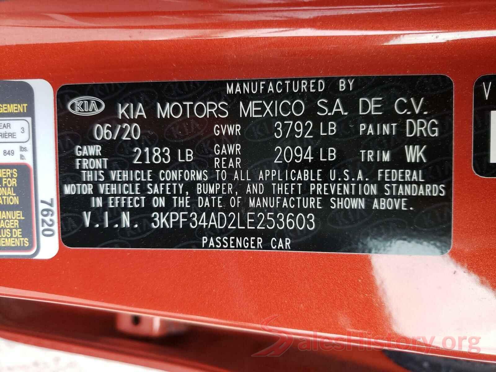 3KPF34AD2LE253603 2020 KIA FORTE