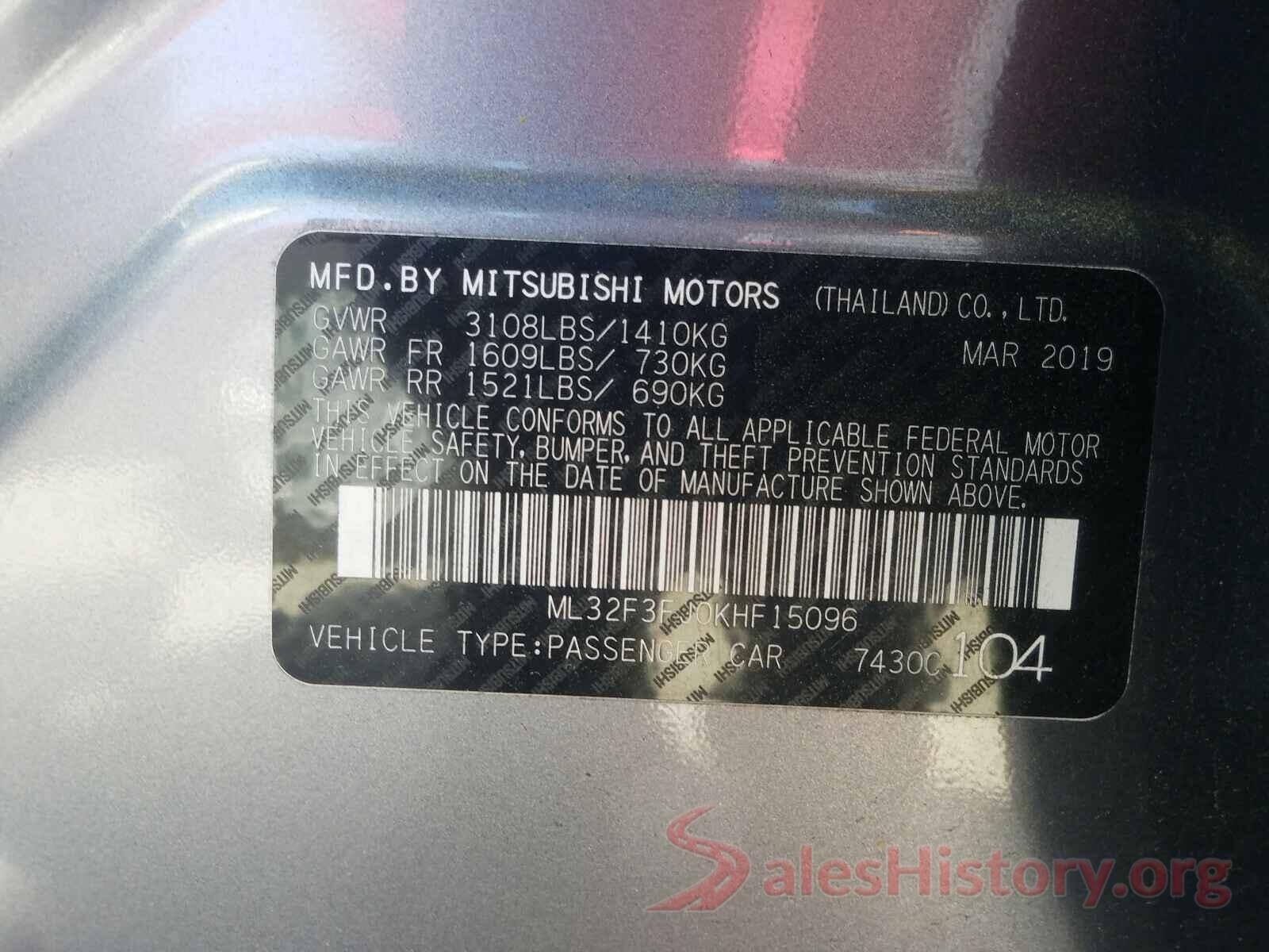 ML32F3FJ0KHF15096 2019 MITSUBISHI MIRAGE