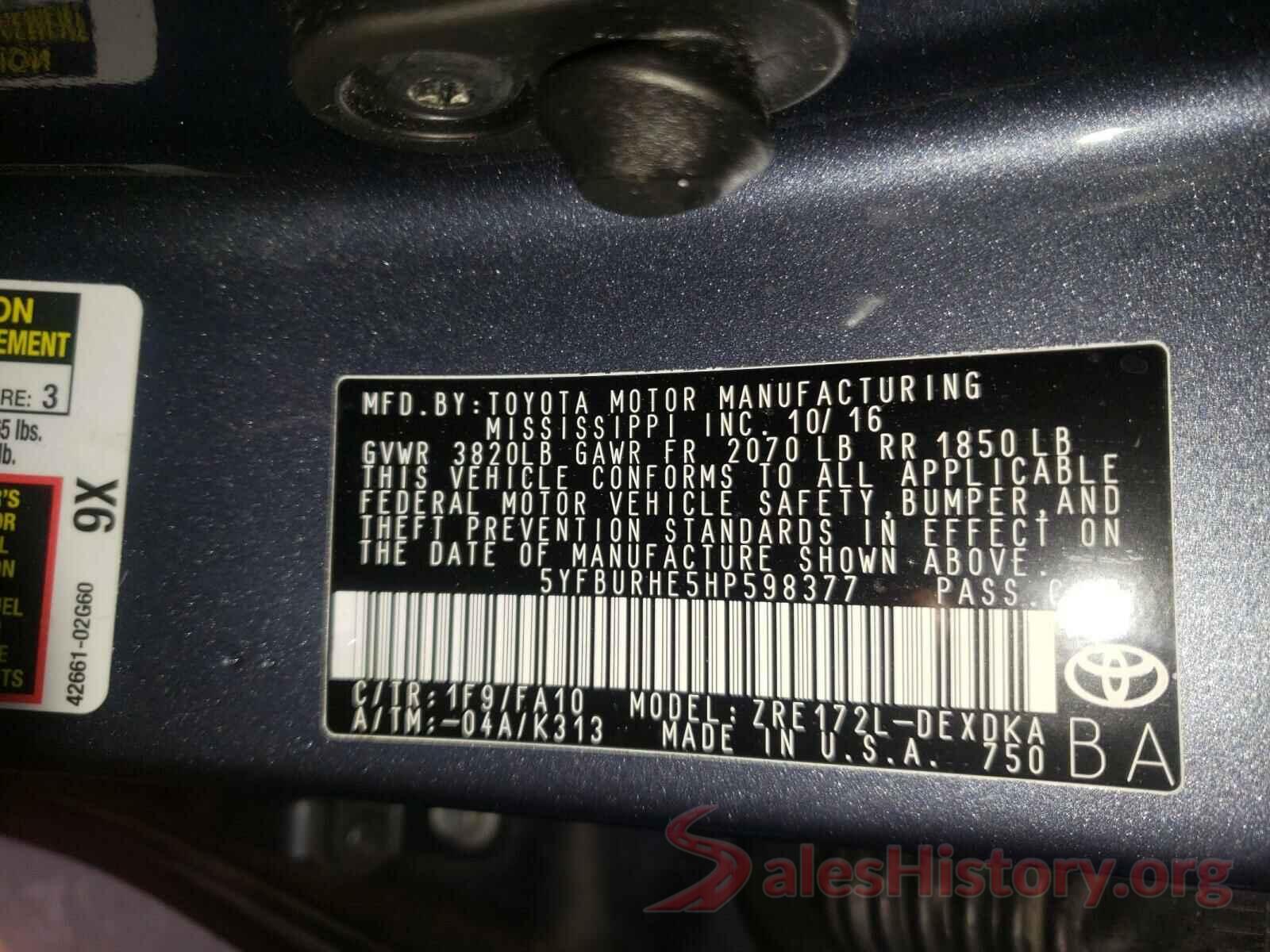 5YFBURHE5HP598377 2017 TOYOTA COROLLA