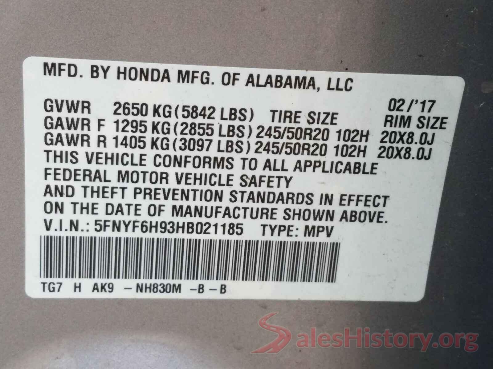 5FNYF6H93HB021185 2017 HONDA PILOT