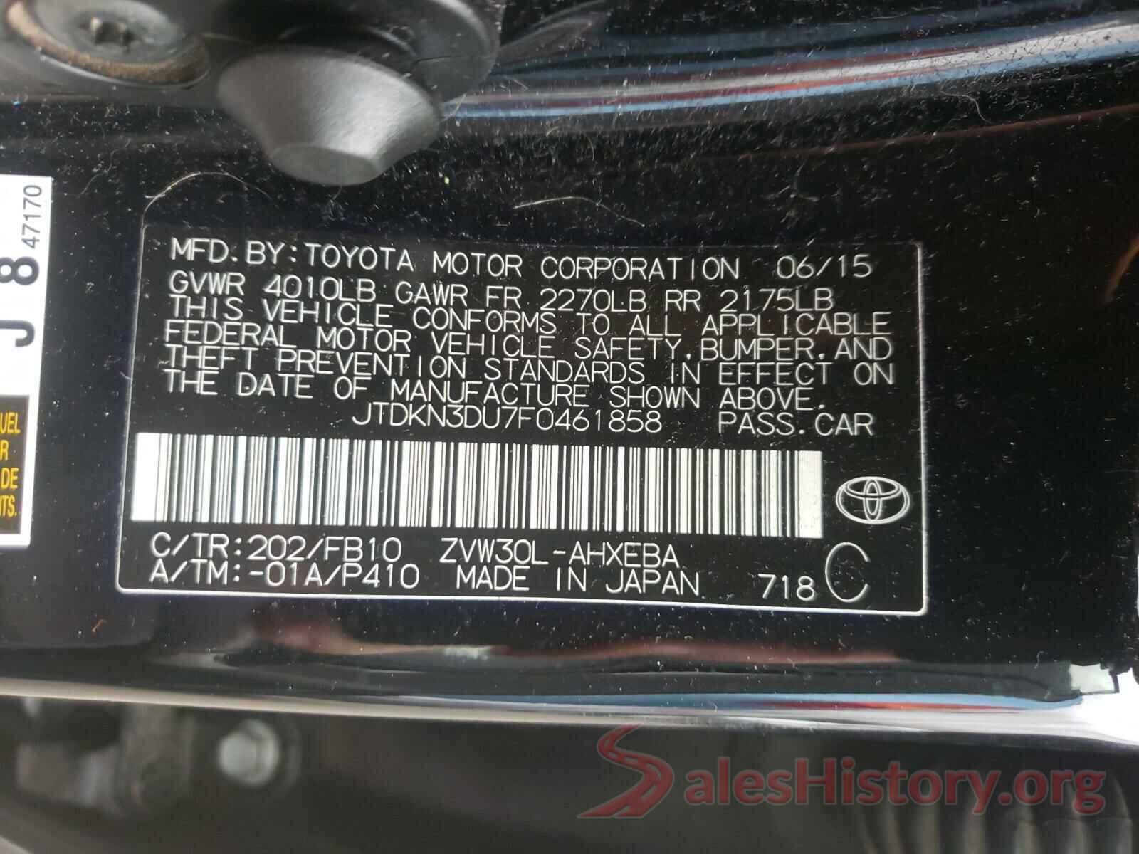 JTDKN3DU7F0461858 2015 TOYOTA PRIUS