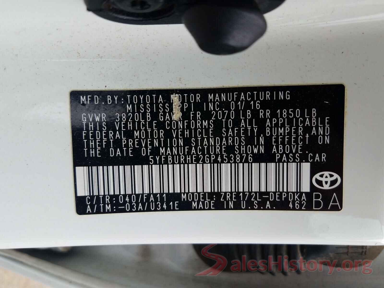 5YFBURHE2GP453876 2016 TOYOTA COROLLA