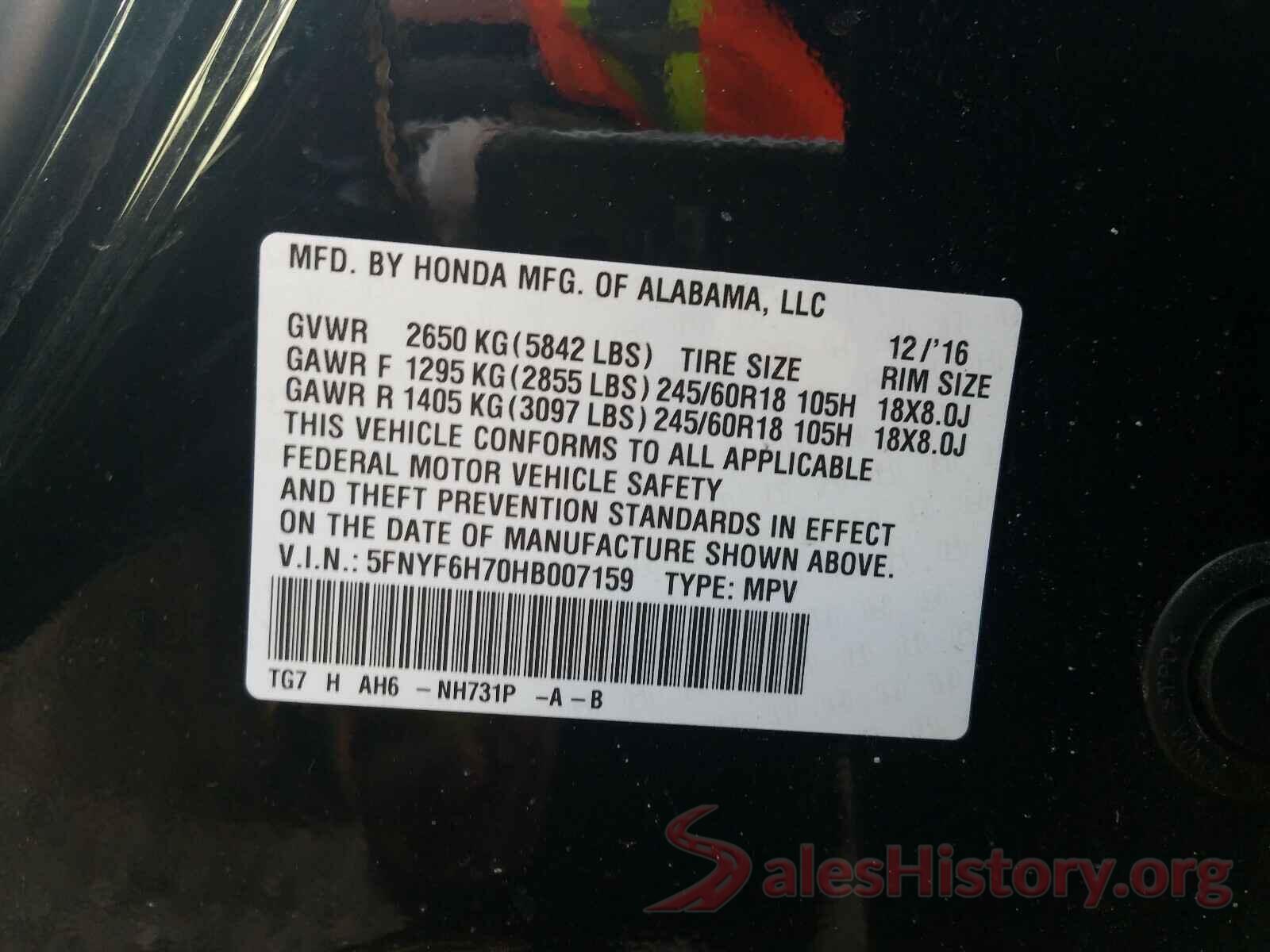 5FNYF6H70HB007159 2017 HONDA PILOT